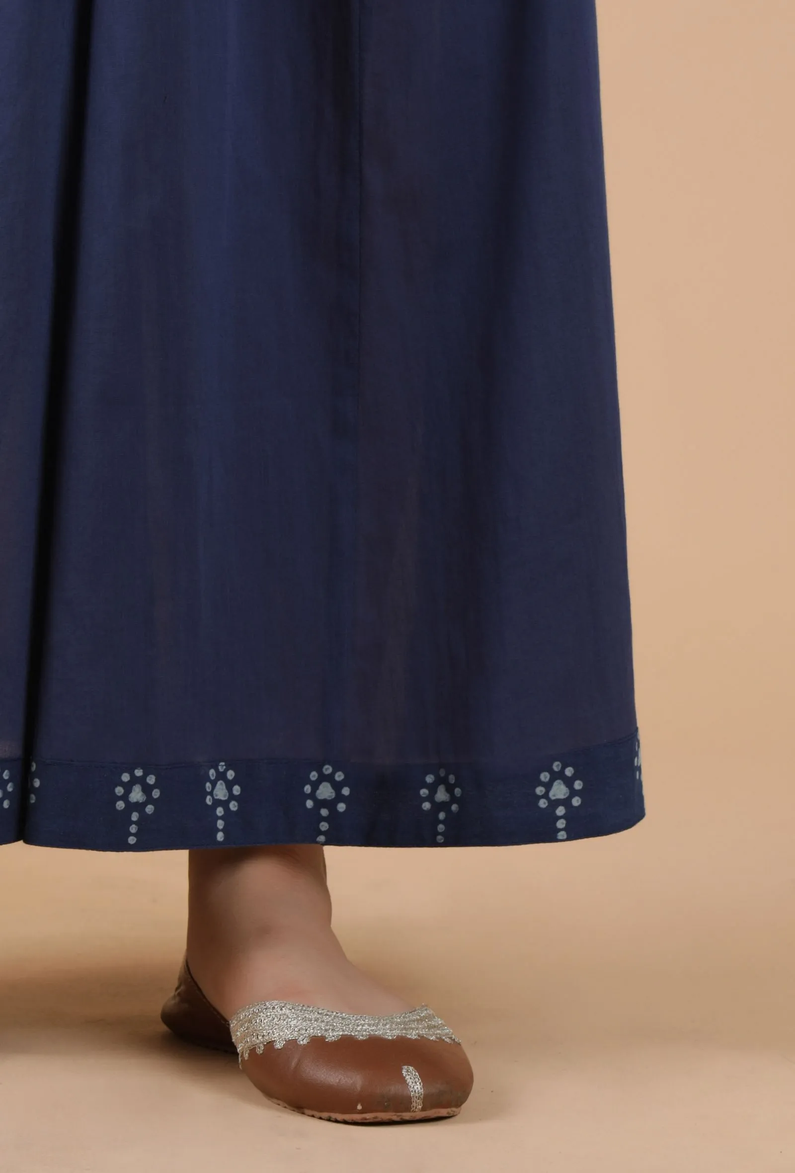 Aadhila Indigo Solid Blue Flared Kalidar Palazzo Pants With Print Border