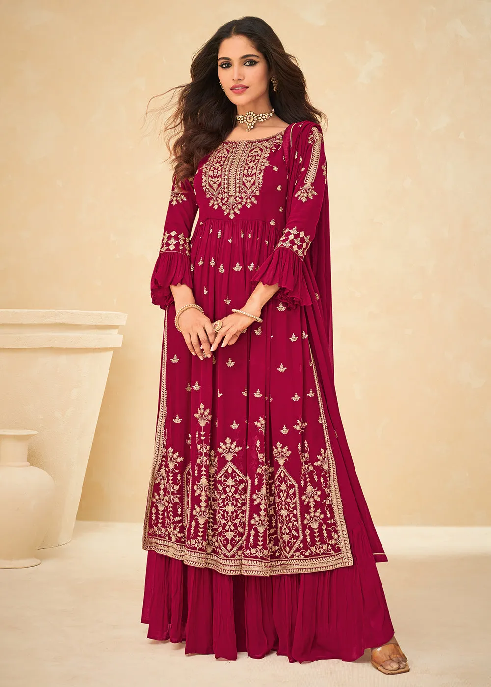 Beautifully Embroidered Hot Pink Festive Palazzo Suit