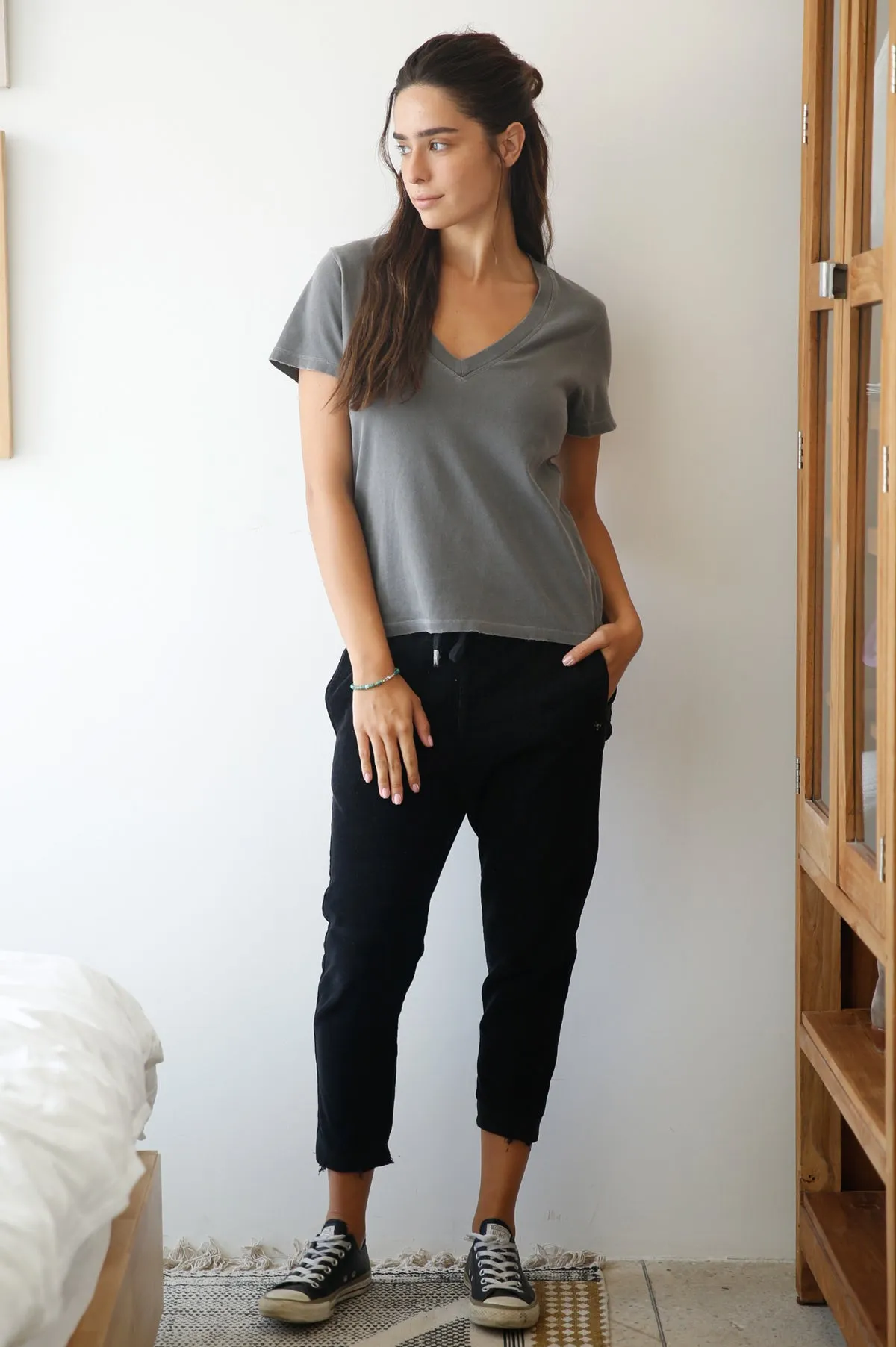 Black Elastic Ribbed Corduroy Pants