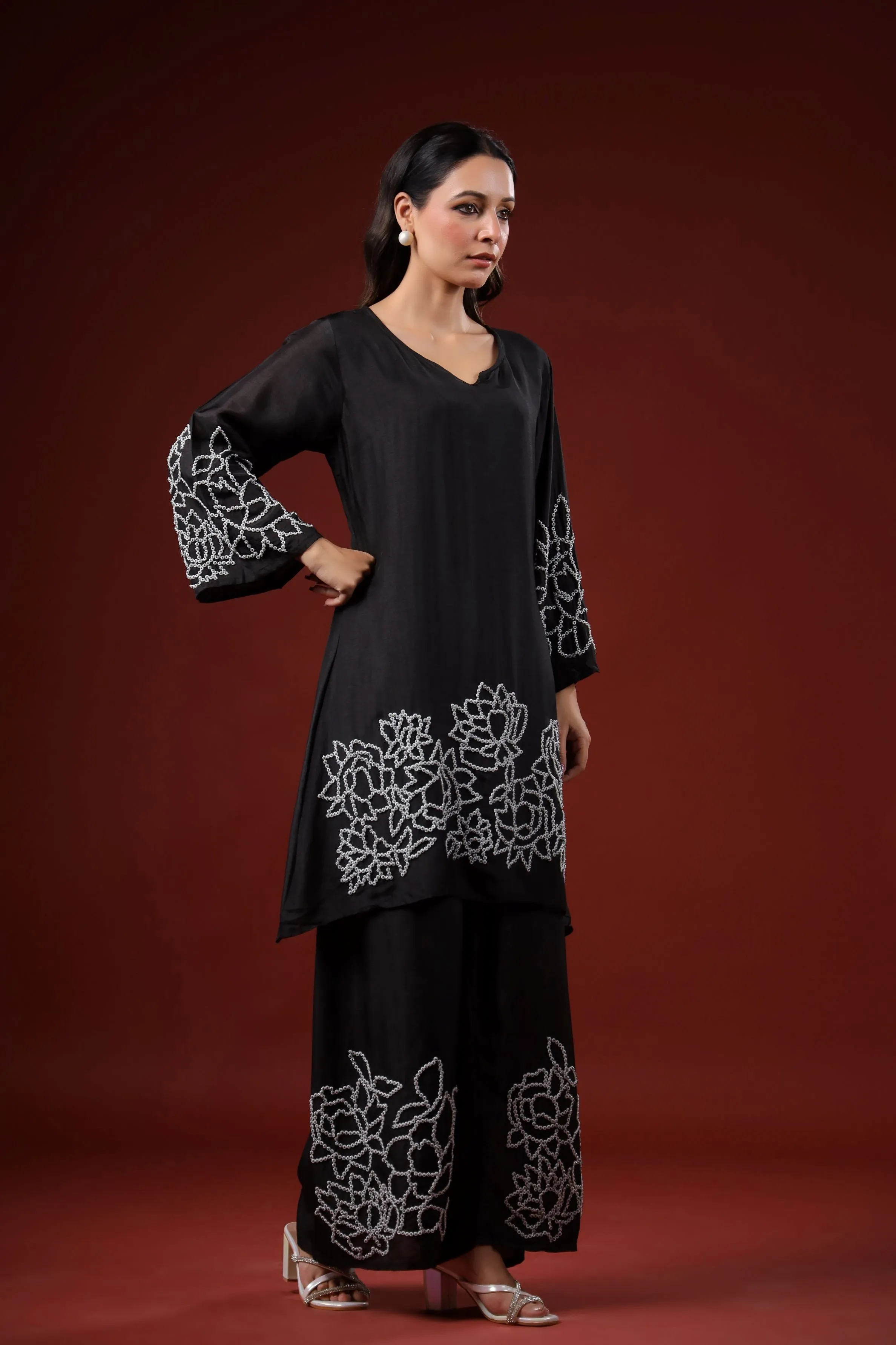 Black Embroidered Italian Silk Co-Ord Set