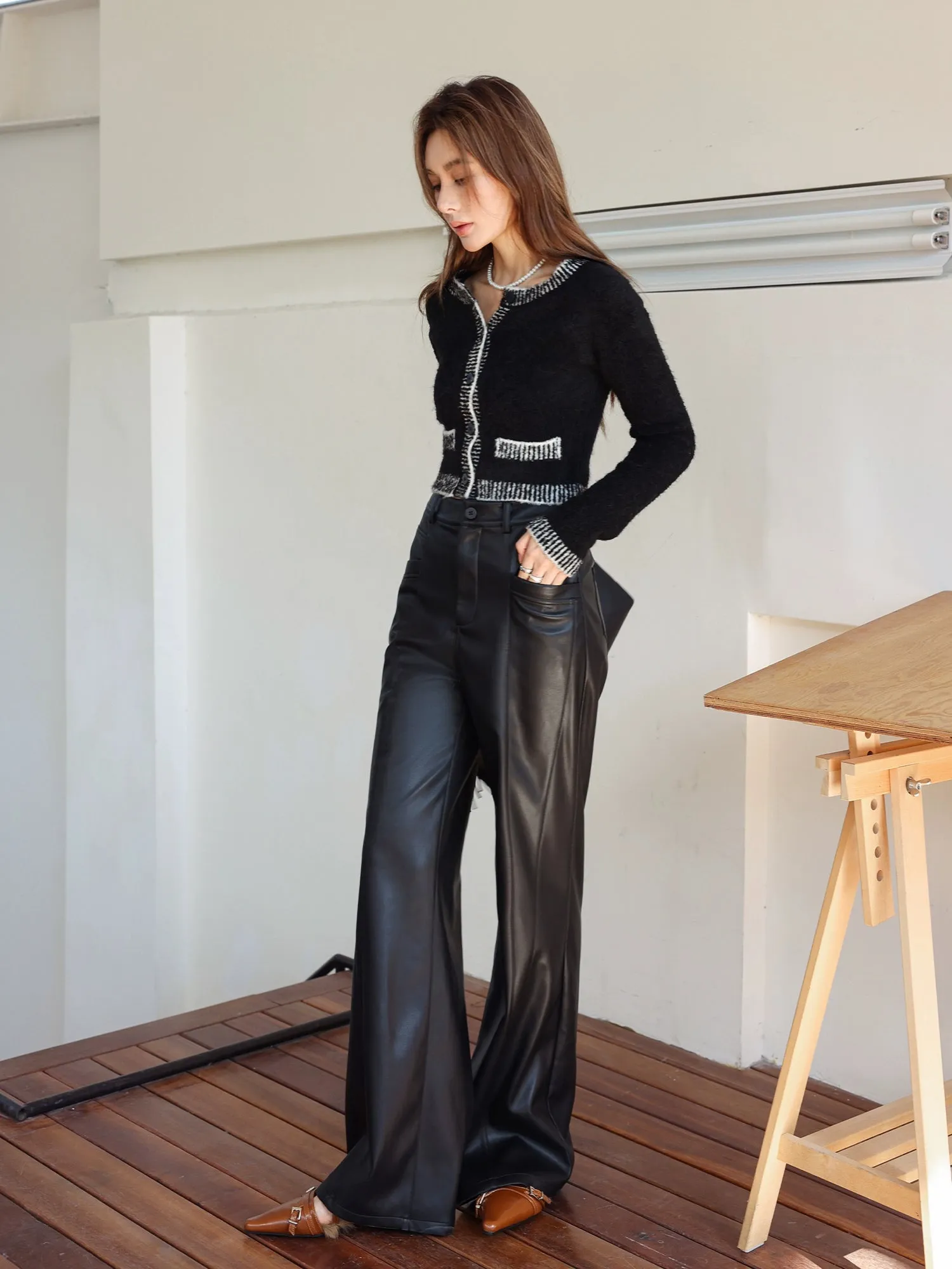 Black Flared Leather Pants