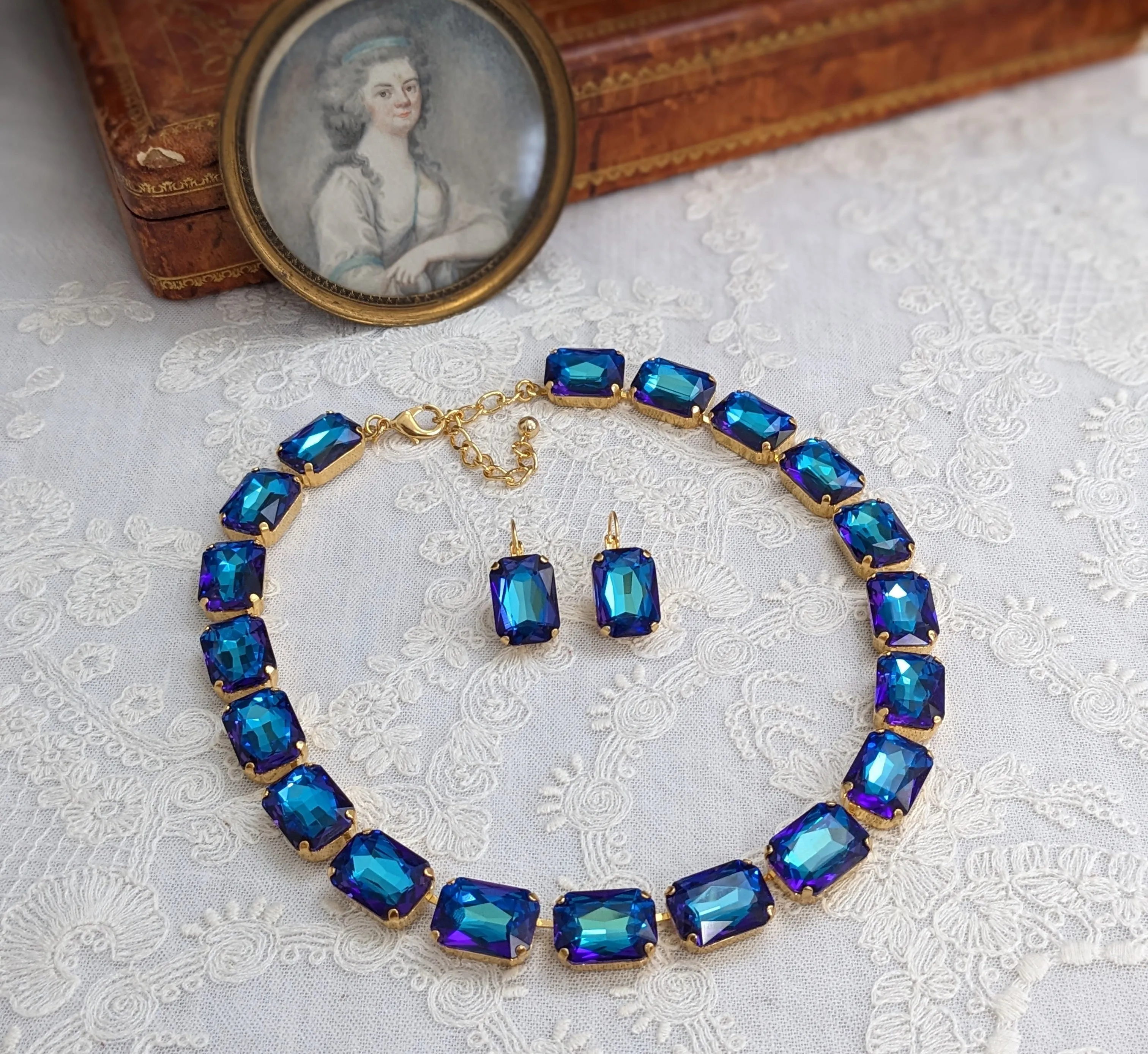 Blue Capri Aurora Crystal Necklace - Large Octagon