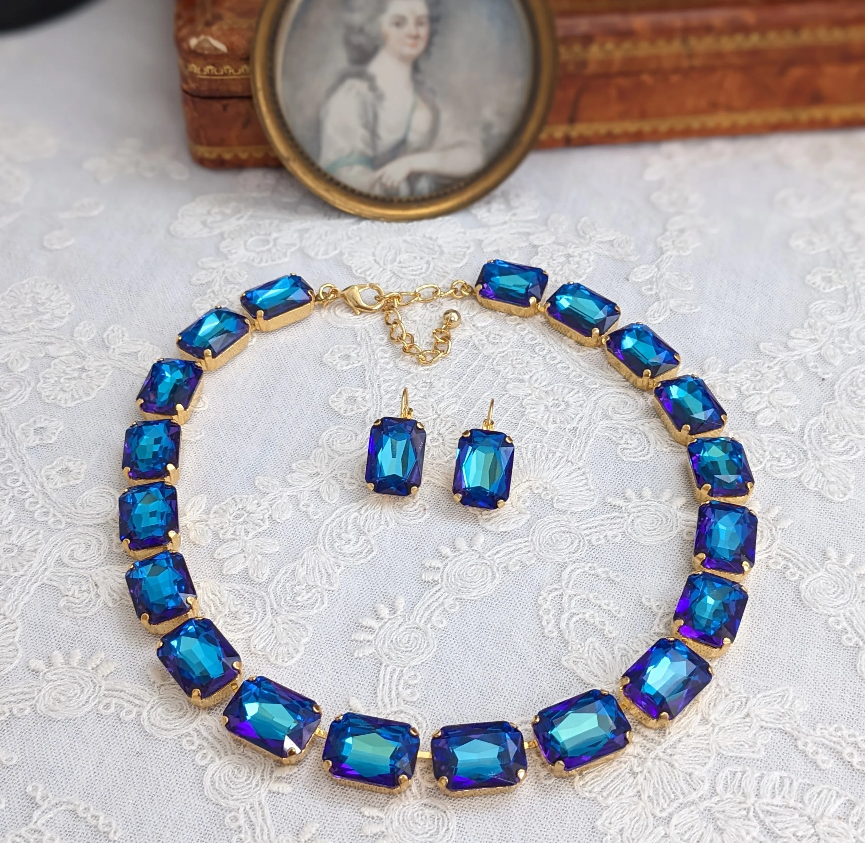 Blue Capri Aurora Crystal Necklace - Large Octagon