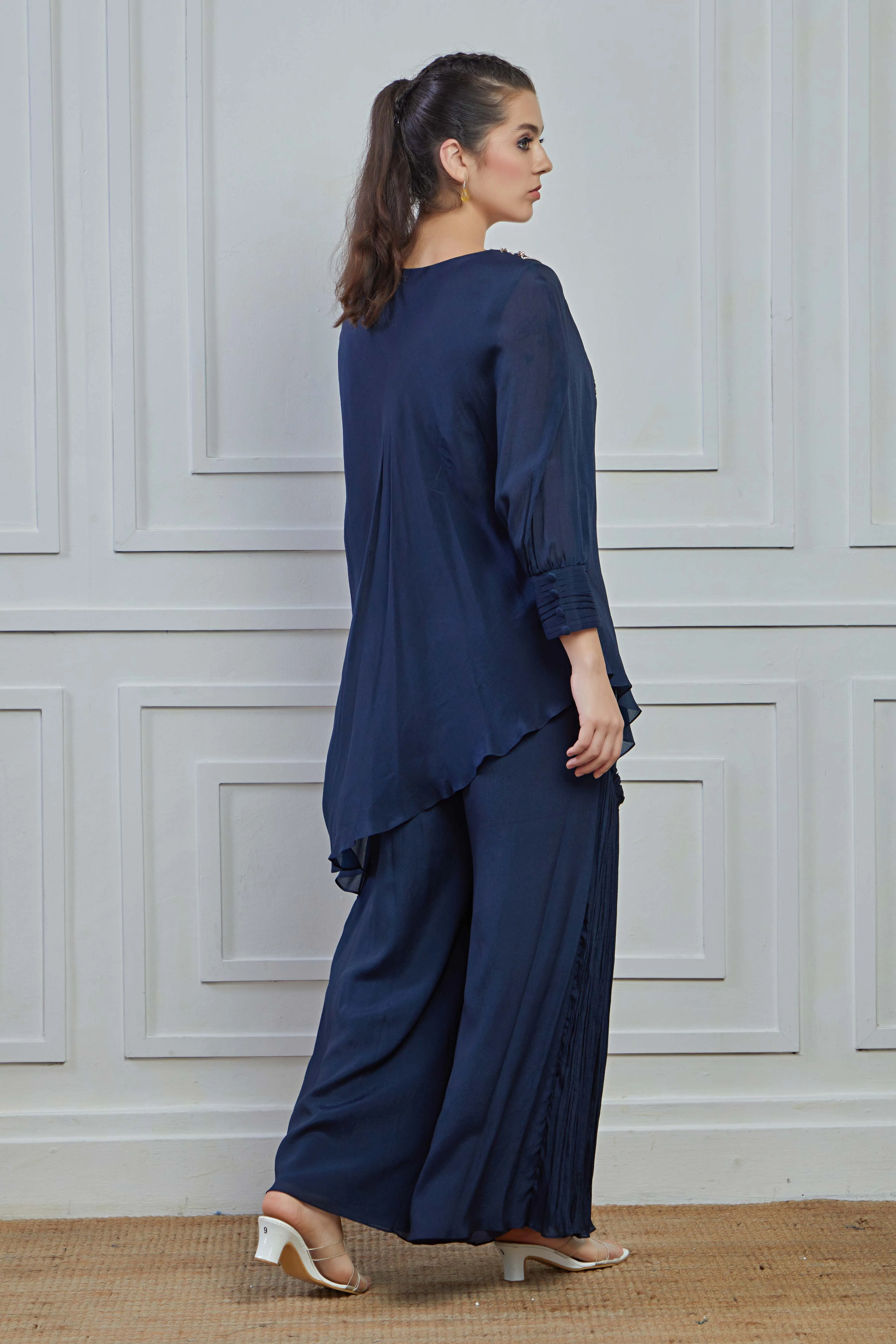 Blue Embellished Crepe Silk Kurta Palazzo Set