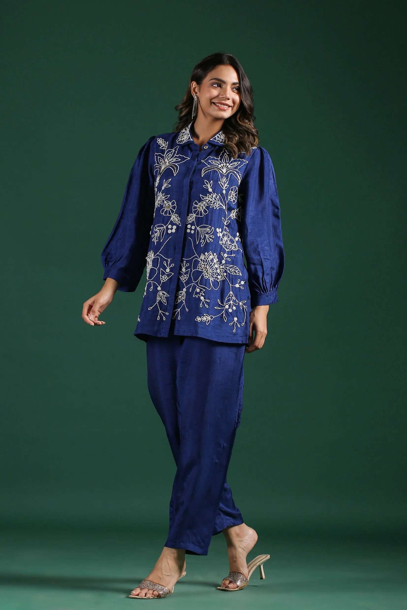 Bright Blue Embellished Raw Silk Co-Ord Set