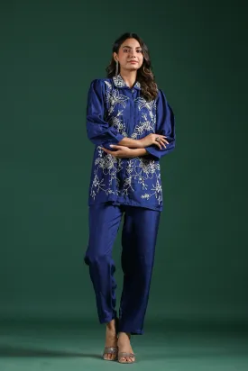 Bright Blue Embellished Raw Silk Co-Ord Set