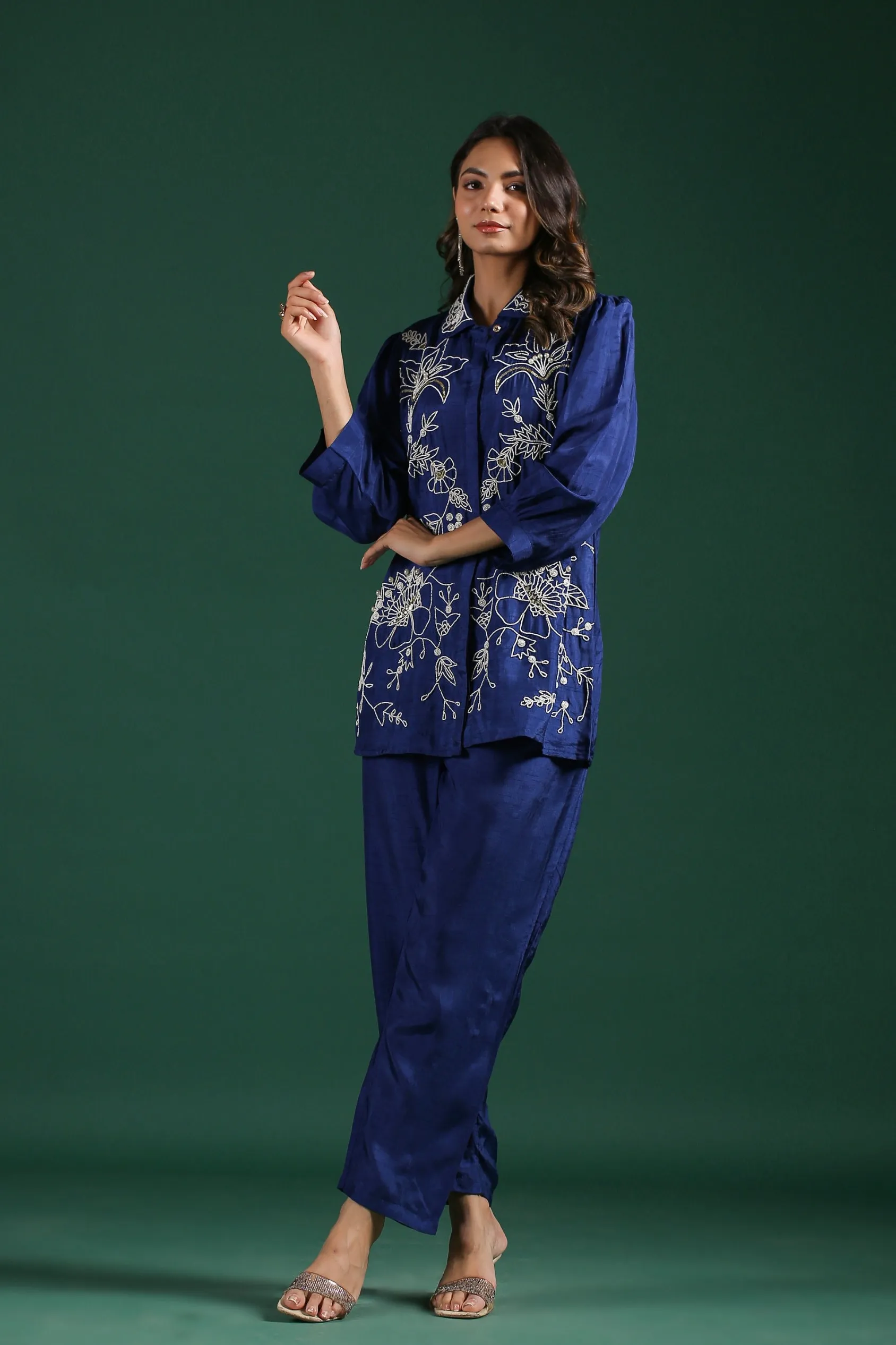 Bright Blue Embellished Raw Silk Co-Ord Set