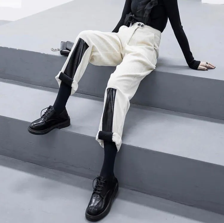 Corduroy High Waist Leather Patch Wide Leg Pants