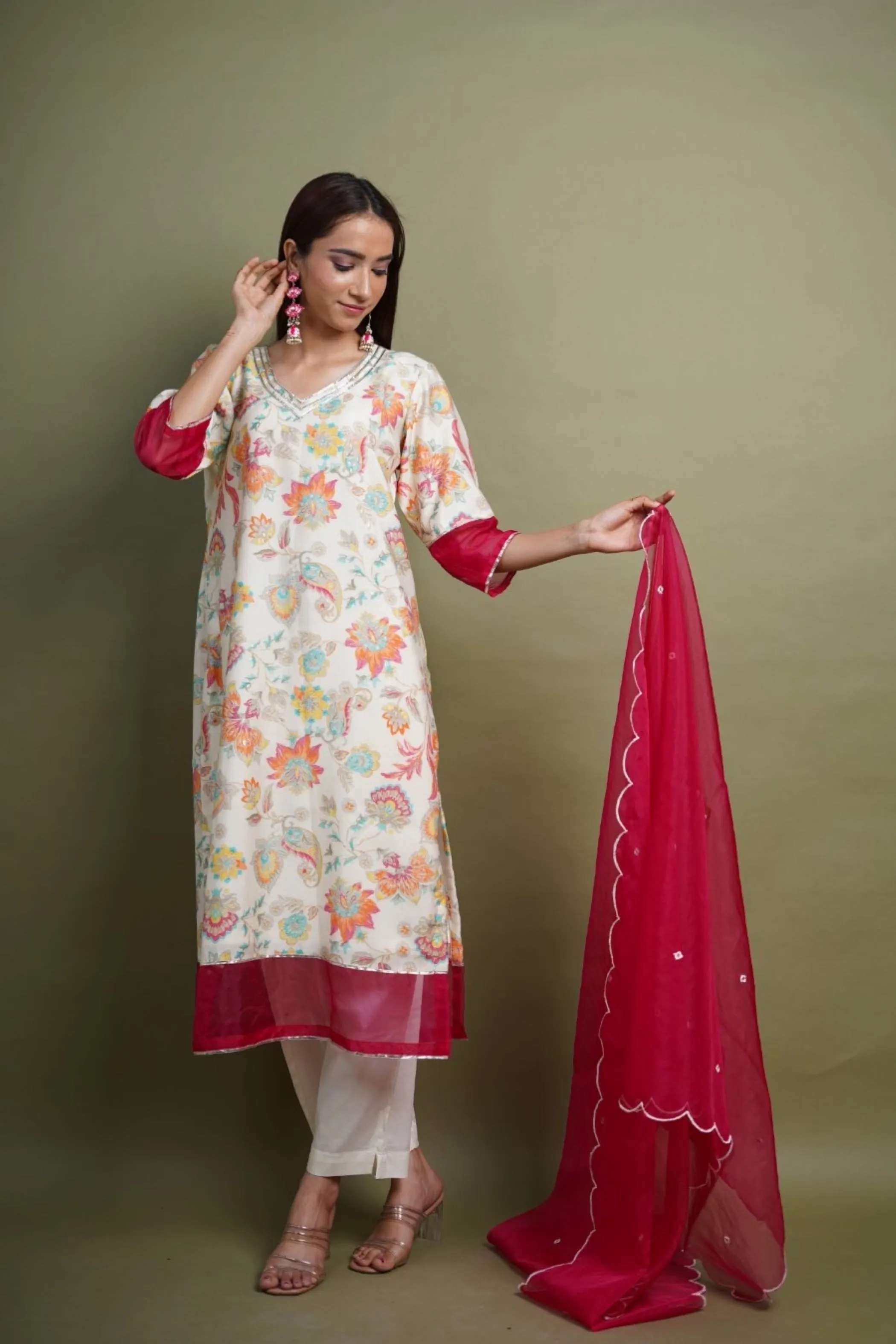 Cream Floral Italian Silk Embellished Kurta Set