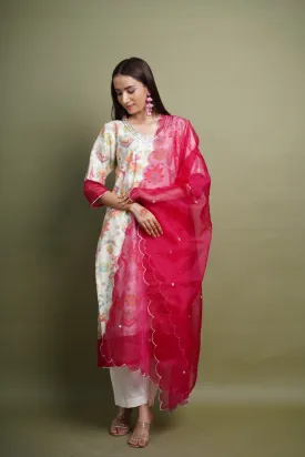 Cream Floral Italian Silk Embellished Kurta Set