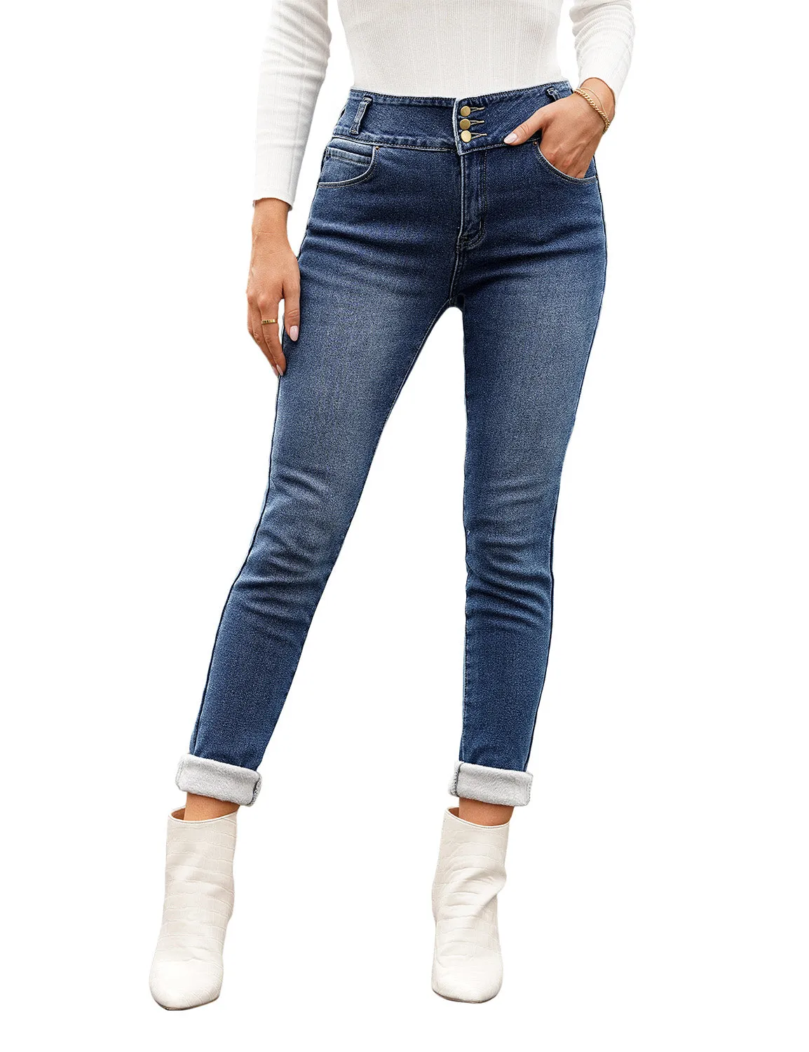 Dark Blue Triple Button Fleece-Lined Skinny Denim Jeans