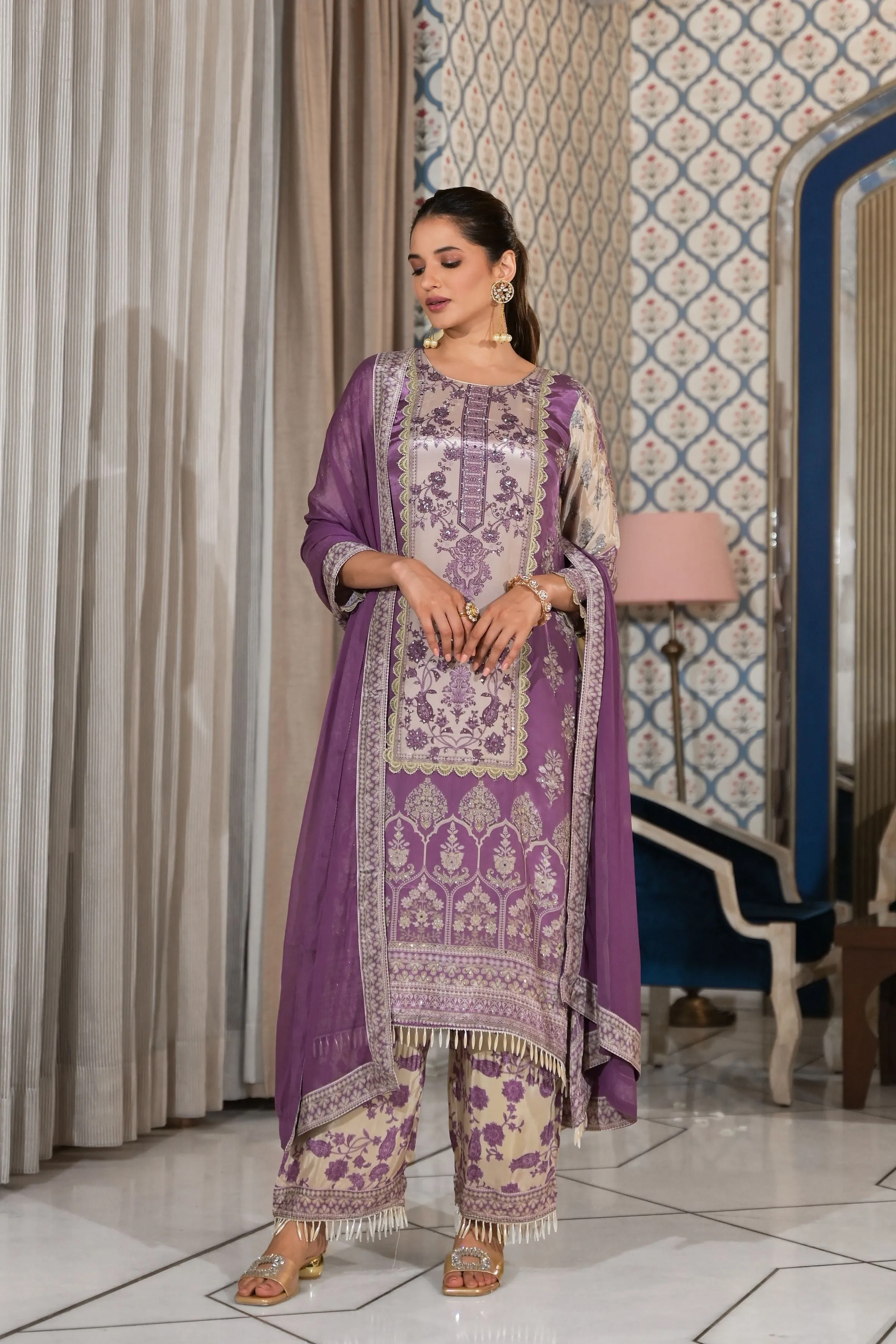 Dark Mauve Printed Crepe Silk Palazzo Set