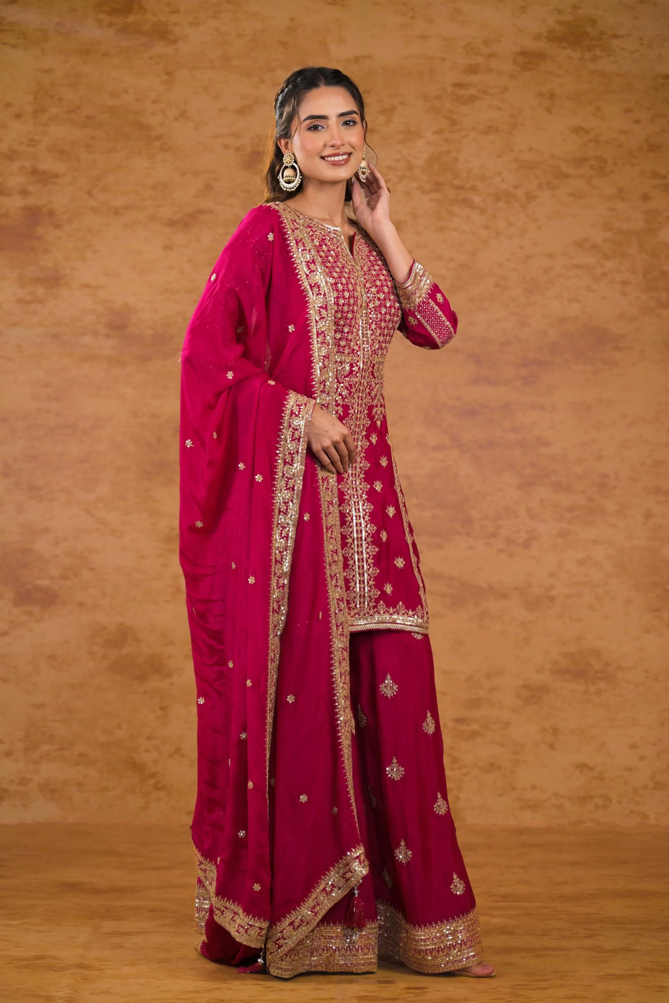 Deep Pink Embellished Chinon Silk Palazzo Set