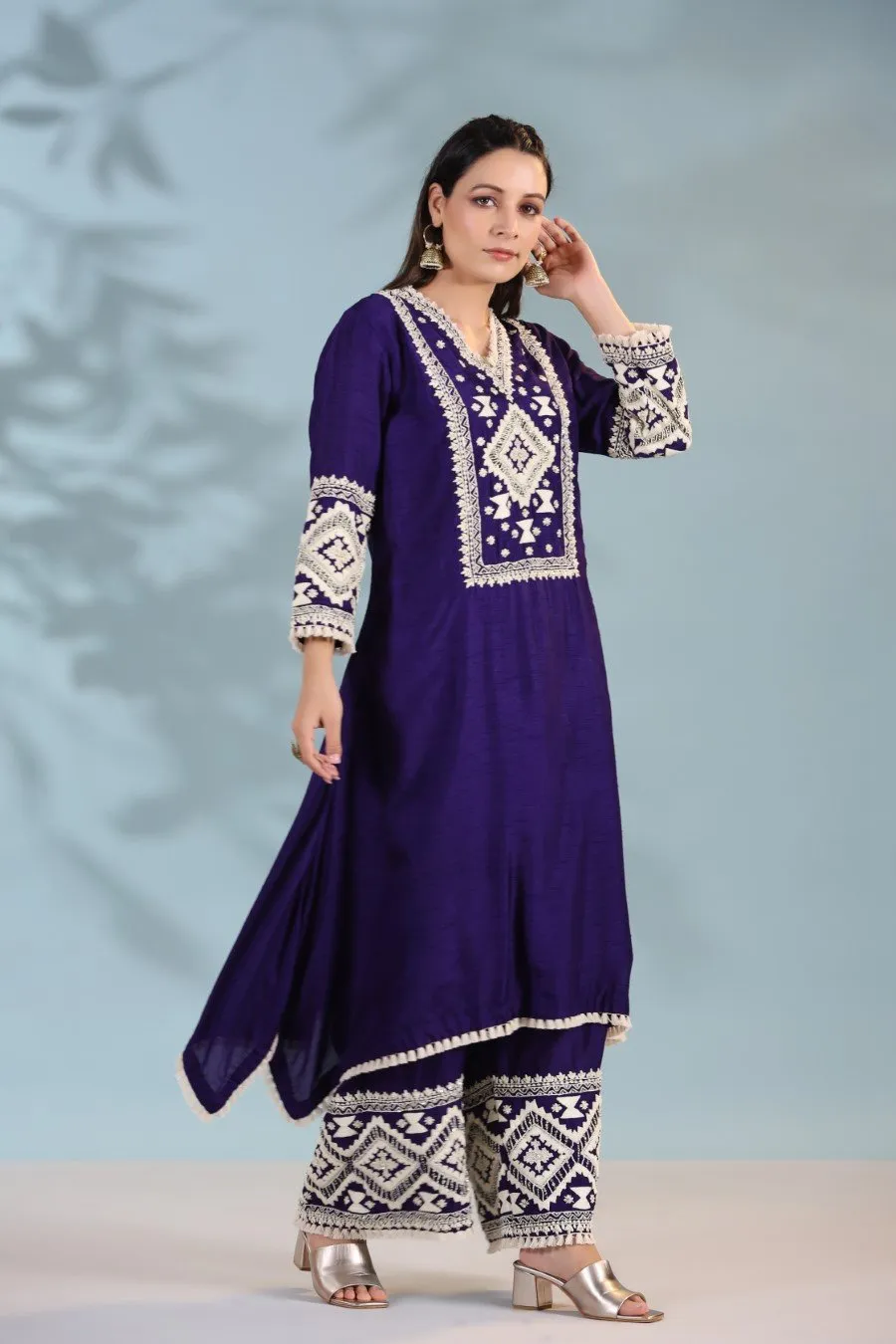 Deep Purple Kashmiri Embroidered Kurta with Palazzo