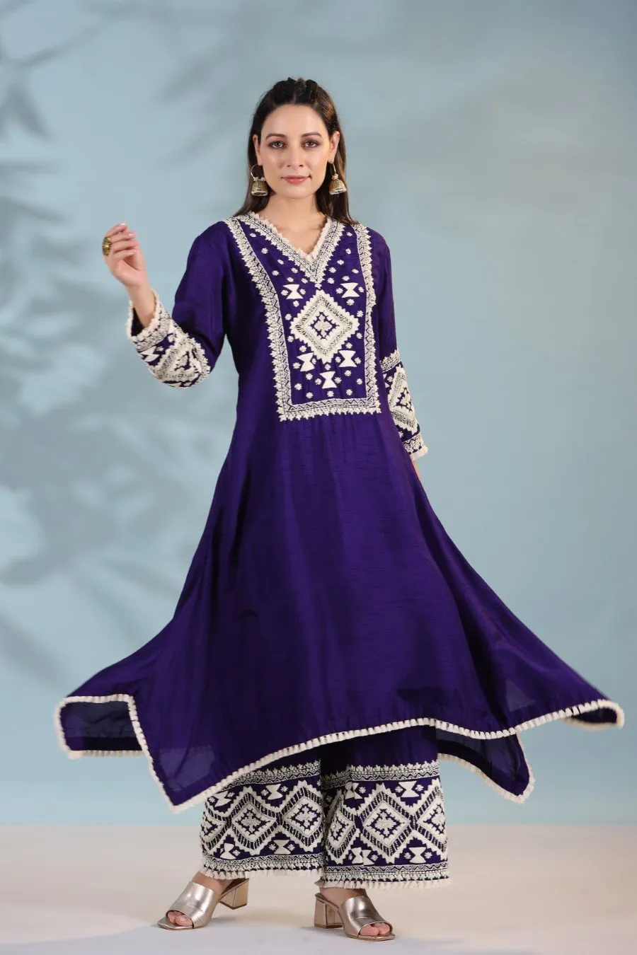 Deep Purple Kashmiri Embroidered Kurta with Palazzo