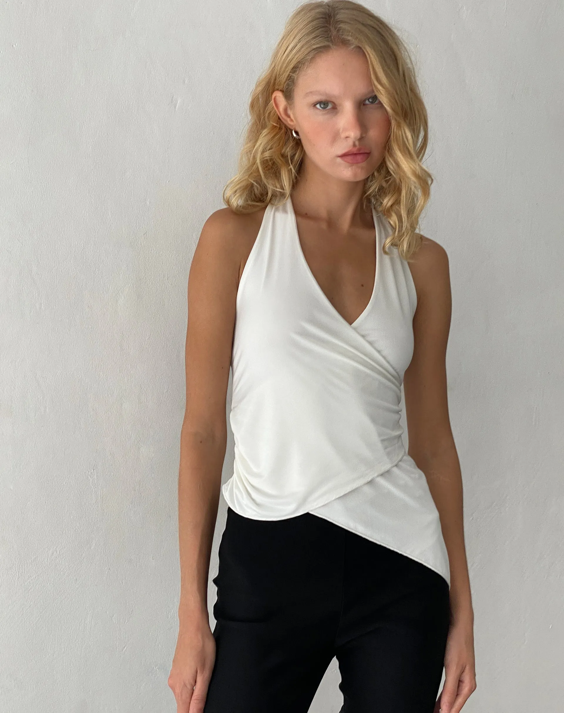 Farah Halter Asymmetric Plunge Top in Ivory