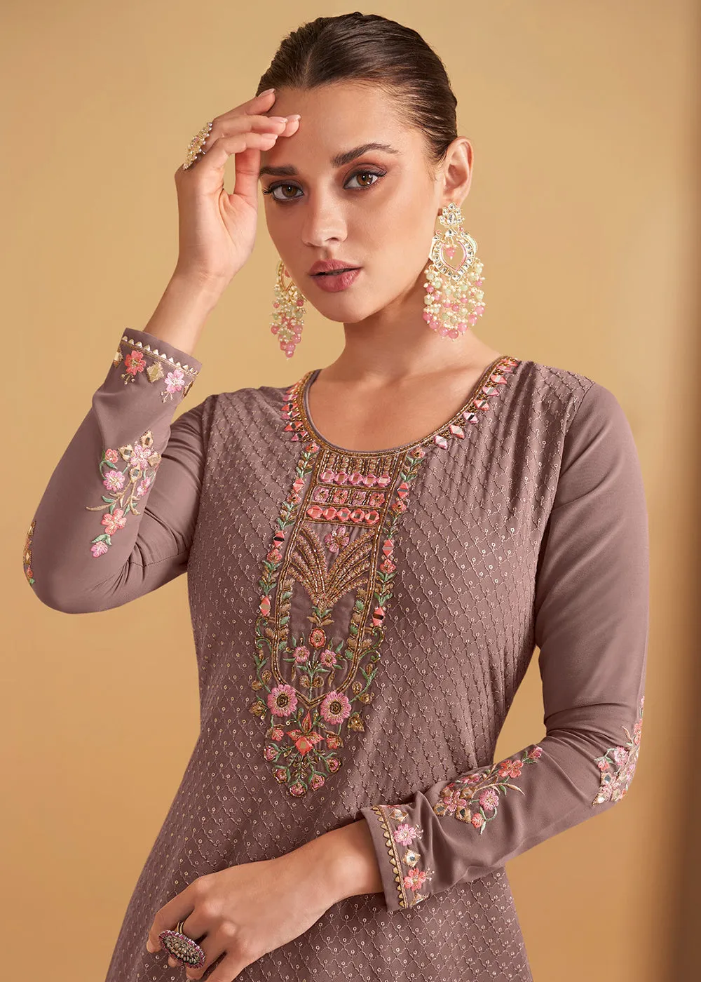 Festive Look Mauve Grey Floral Embroidered Palazzo Style Suit