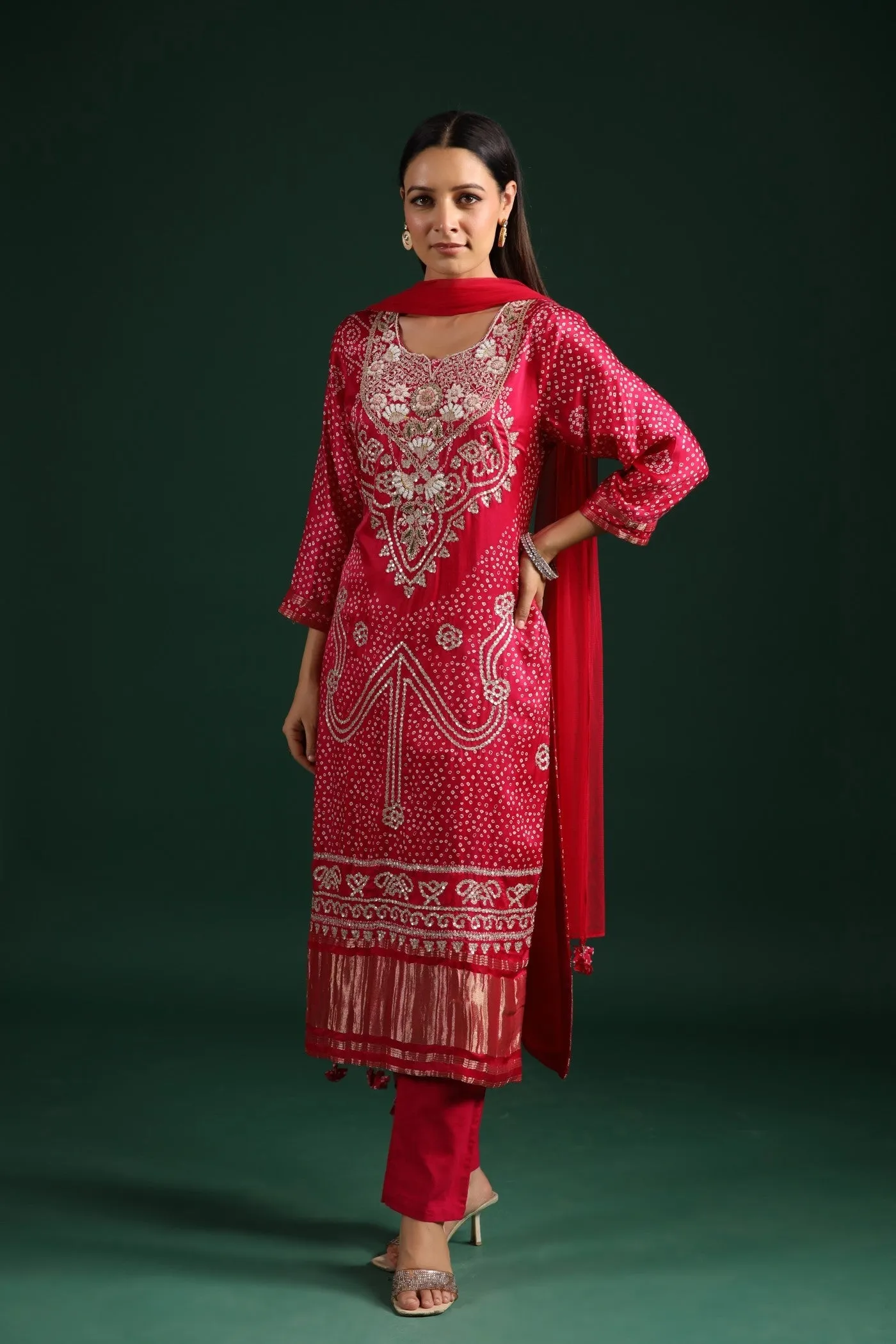 Festive Pink Bandhani Embroidered Kurta Set