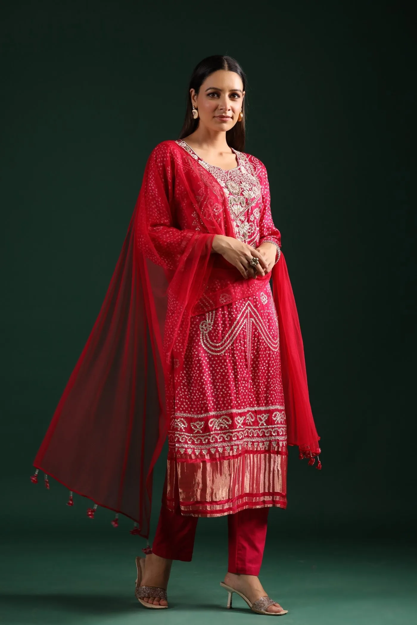 Festive Pink Bandhani Embroidered Kurta Set