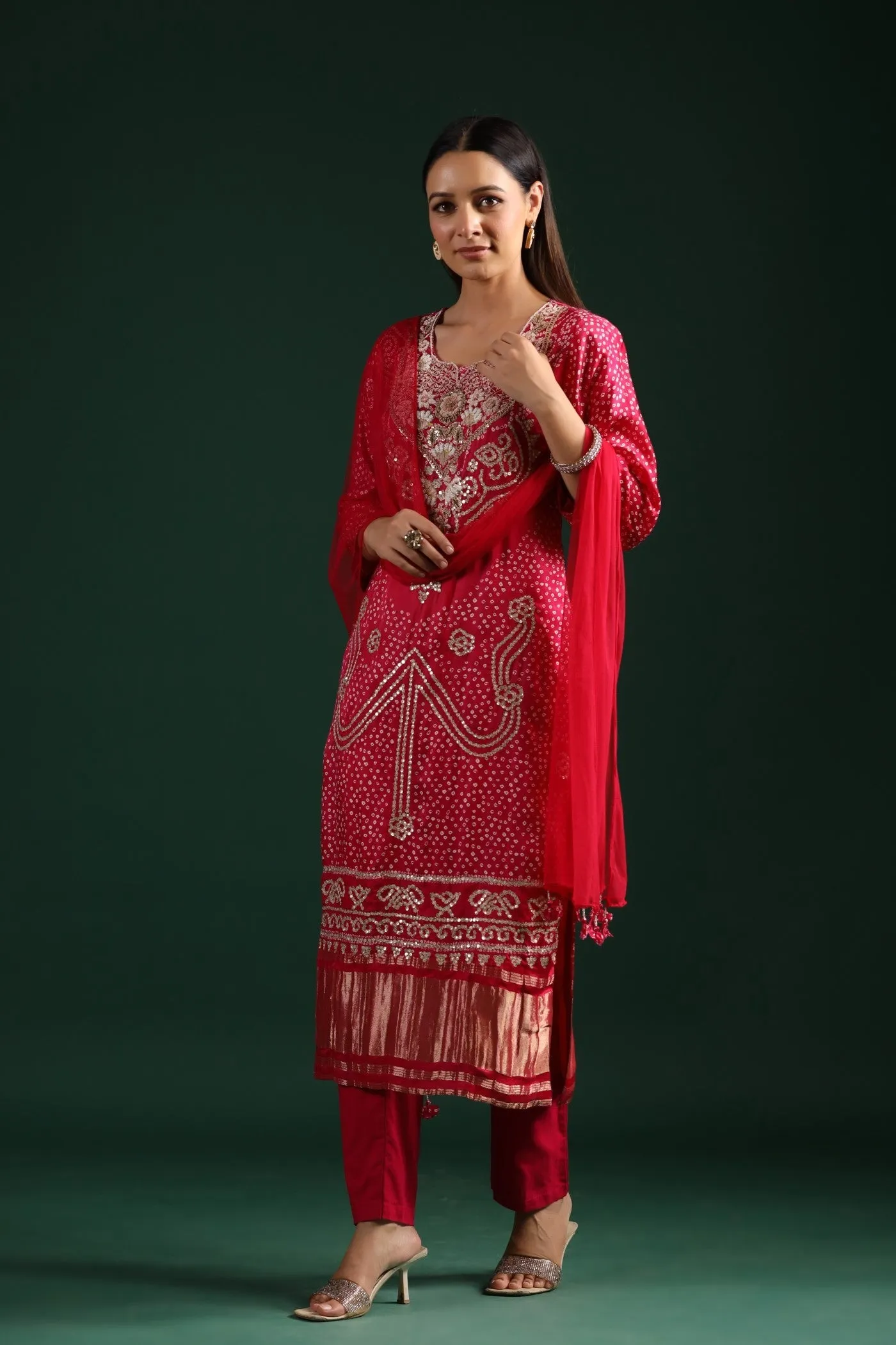 Festive Pink Bandhani Embroidered Kurta Set