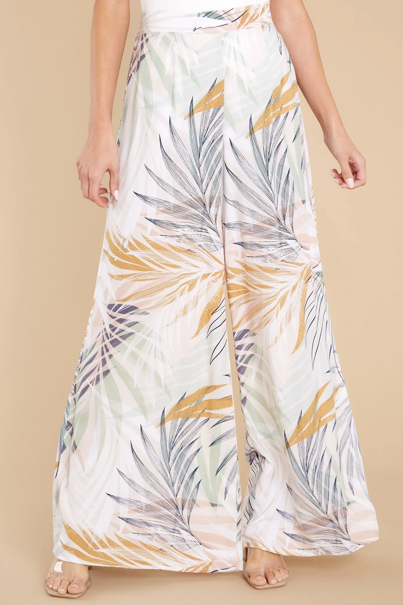 Flirty Ways Beige Palm Beach Printed Palazzo Pants