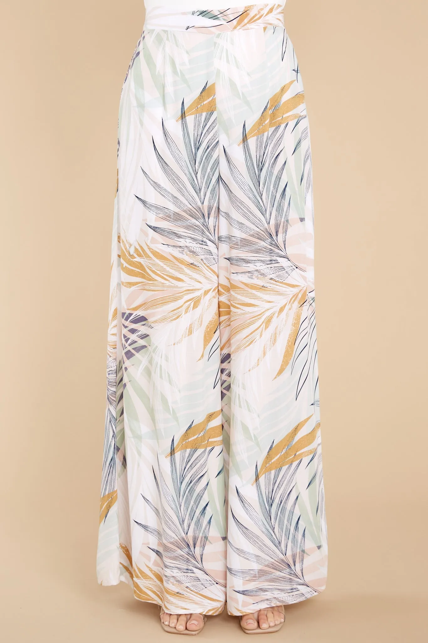 Flirty Ways Beige Palm Beach Printed Palazzo Pants