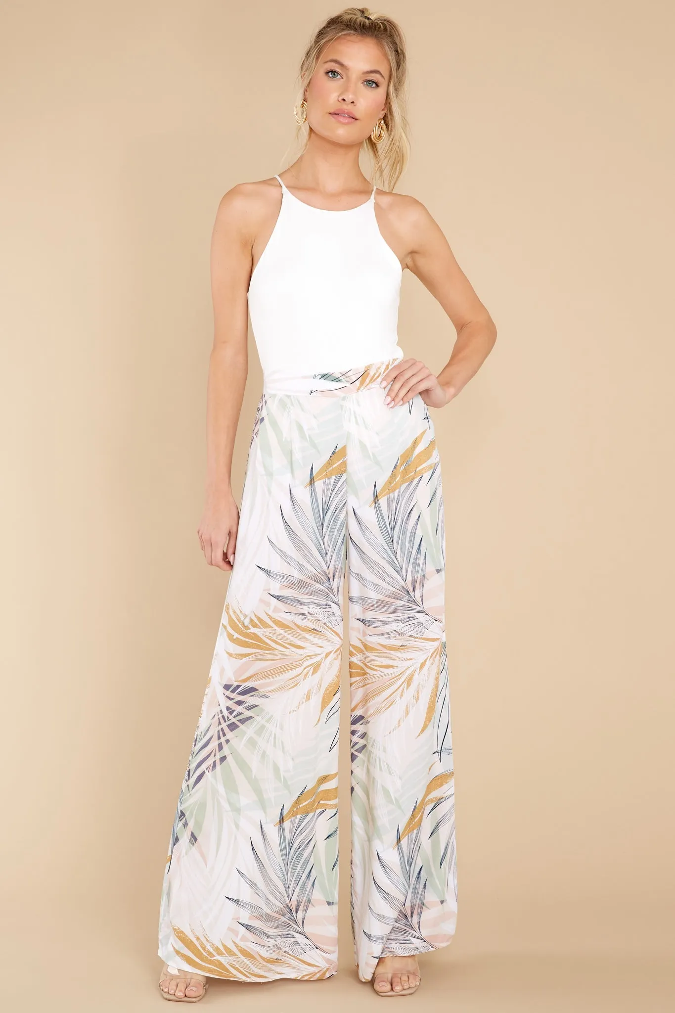 Flirty Ways Beige Palm Beach Printed Palazzo Pants