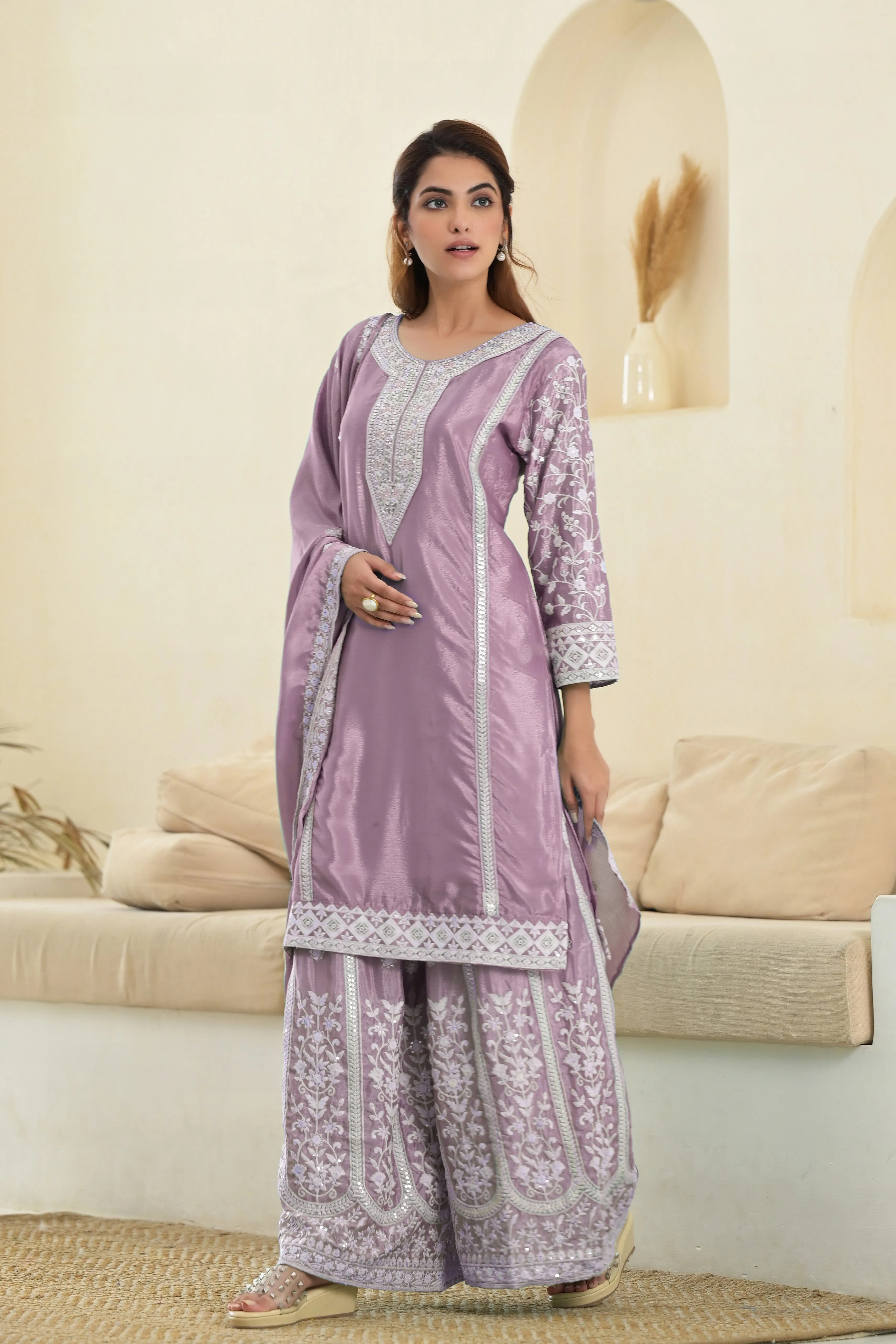 French Lilac Embroidered Premium Silk Palazzo Set