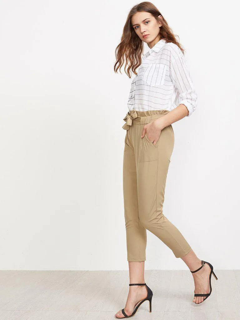 Frill Waist Self Tie Tailored Pants