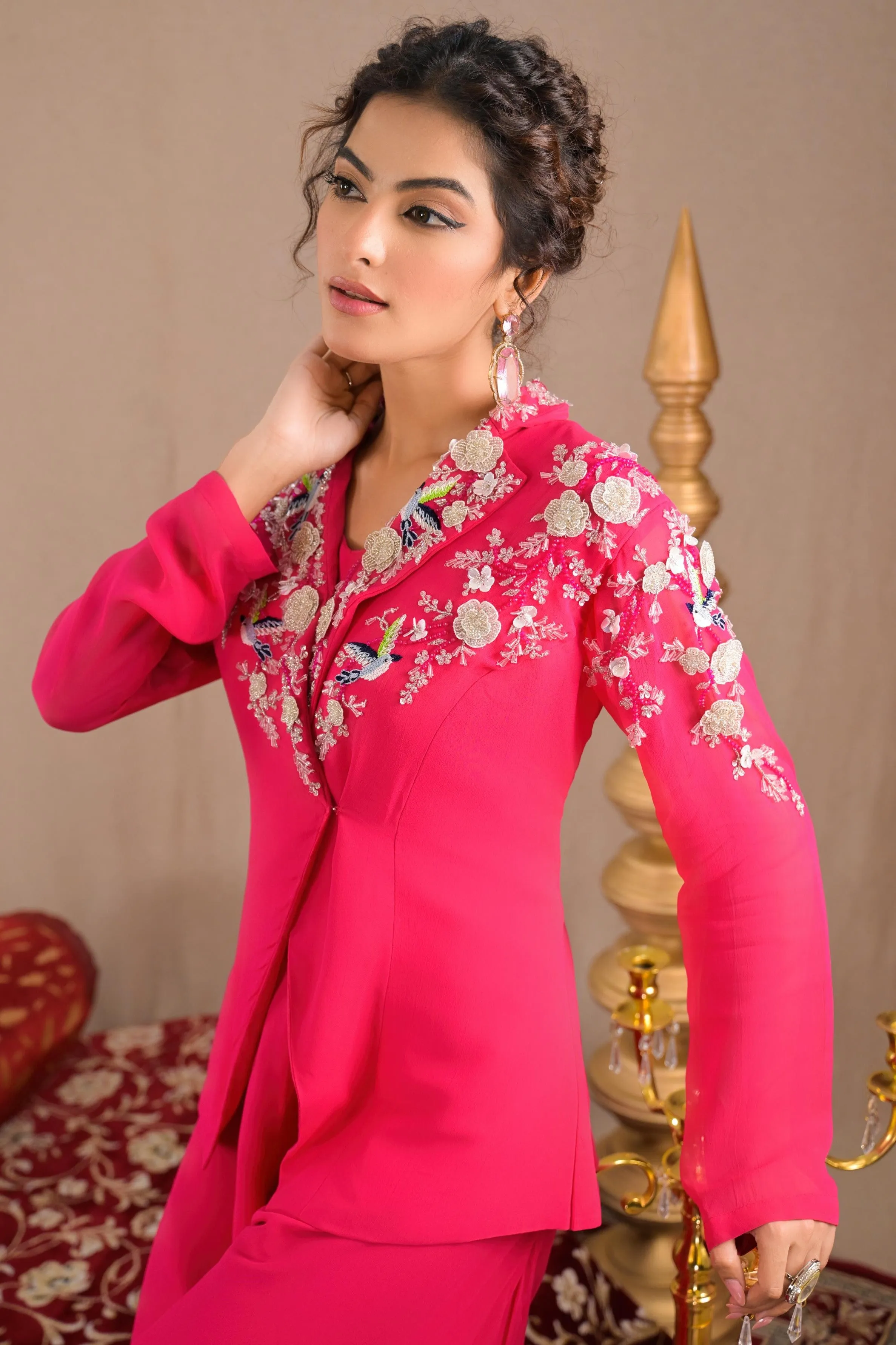 Hot Pink Embroidered Georgette Silk Jacket & Palazzo Set