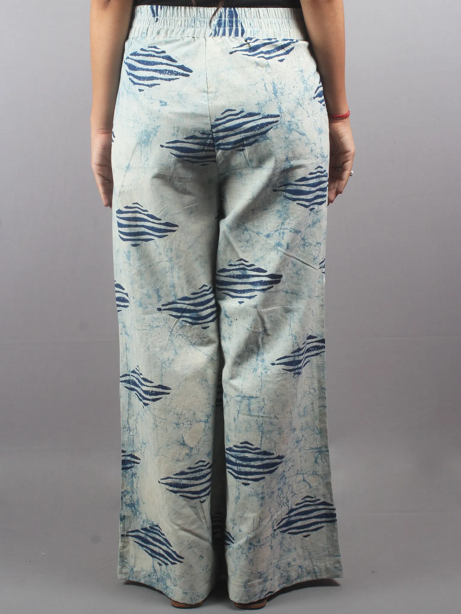 Indigo Hand Block Printed Elasticated Waist Pleated Cotton Palazzo - P1117005