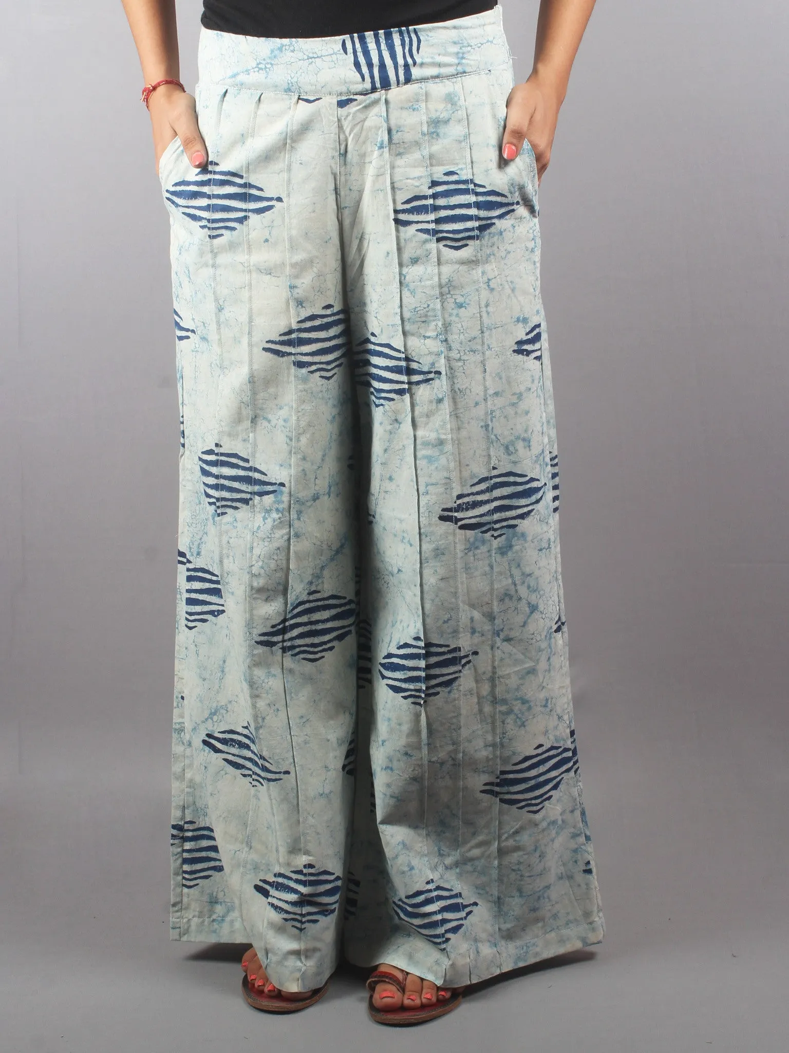 Indigo Hand Block Printed Elasticated Waist Pleated Cotton Palazzo - P1117005