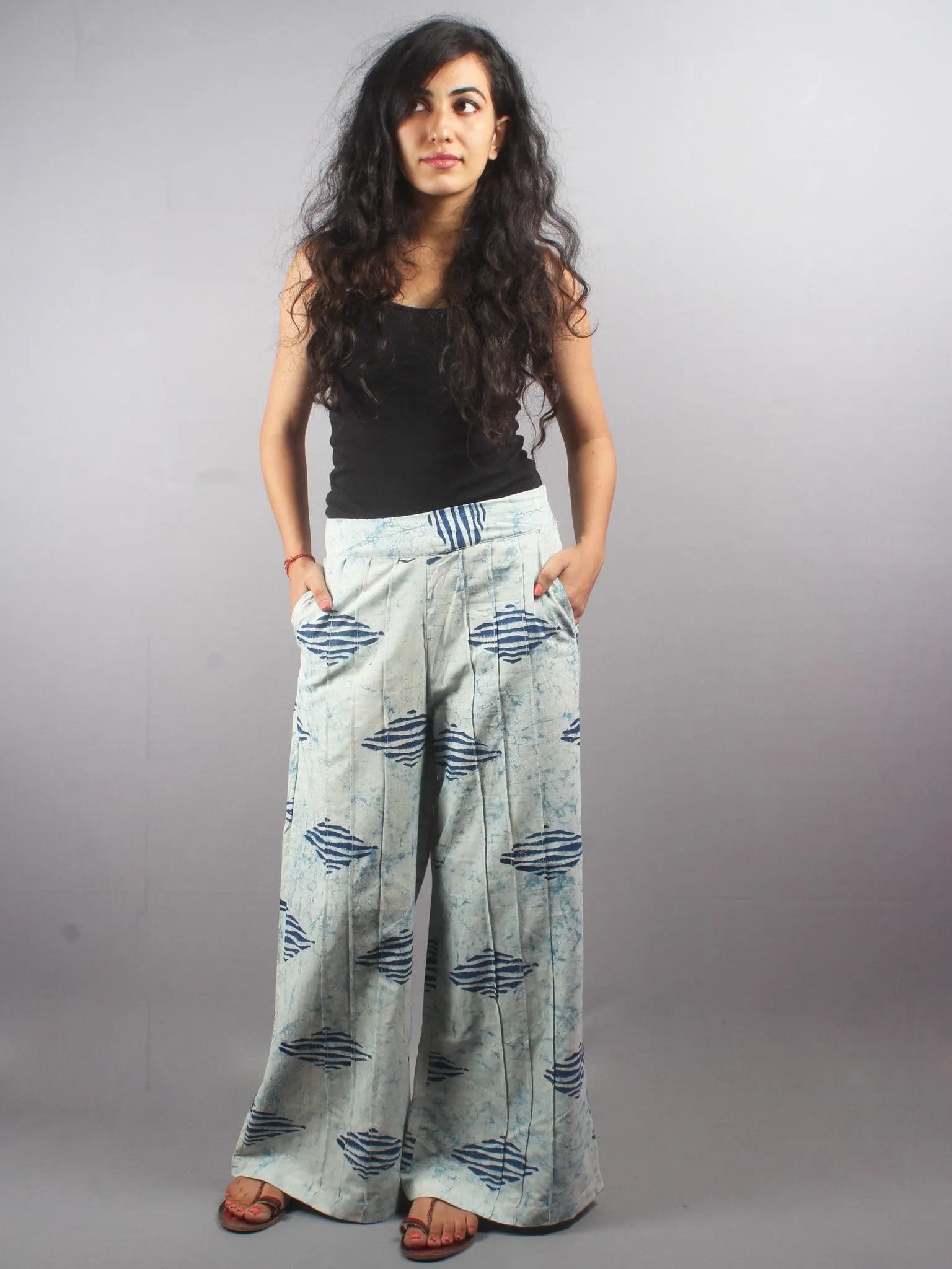 Indigo Hand Block Printed Elasticated Waist Pleated Cotton Palazzo - P1117005