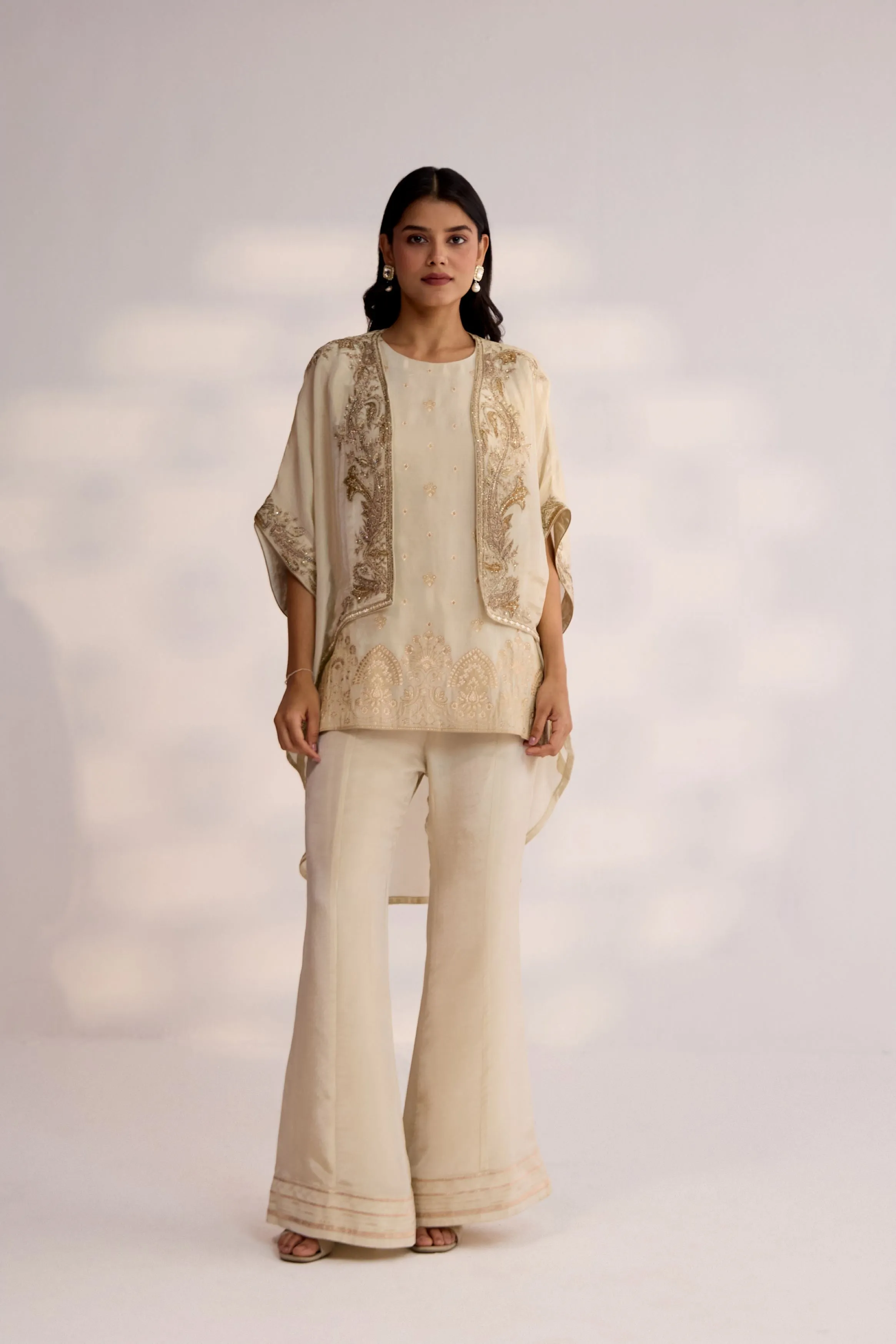 Ivory Embellished Premium Silk Jacket Palazzo Set