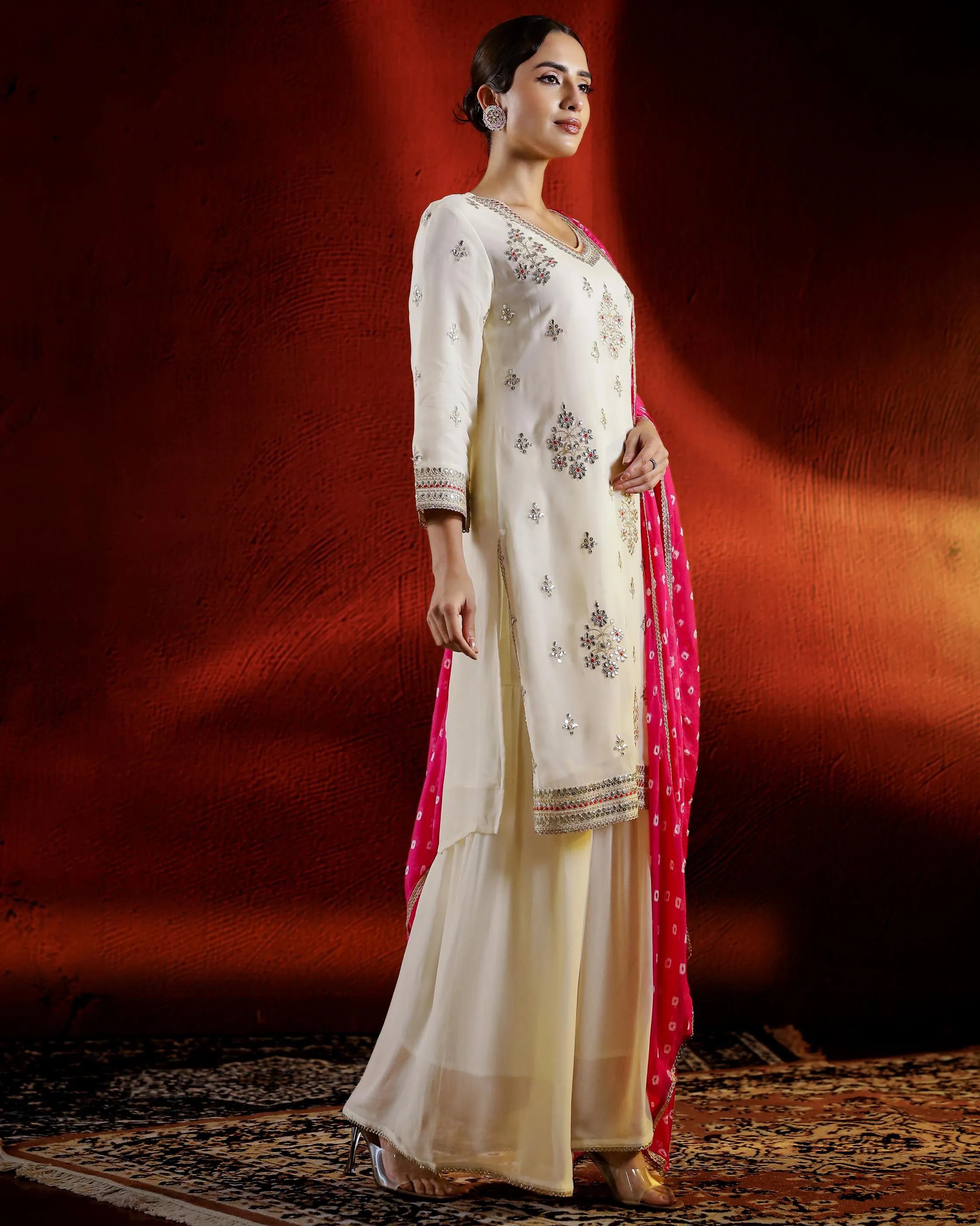 Ivory Embroidered Georgette Silk Palazzo Set