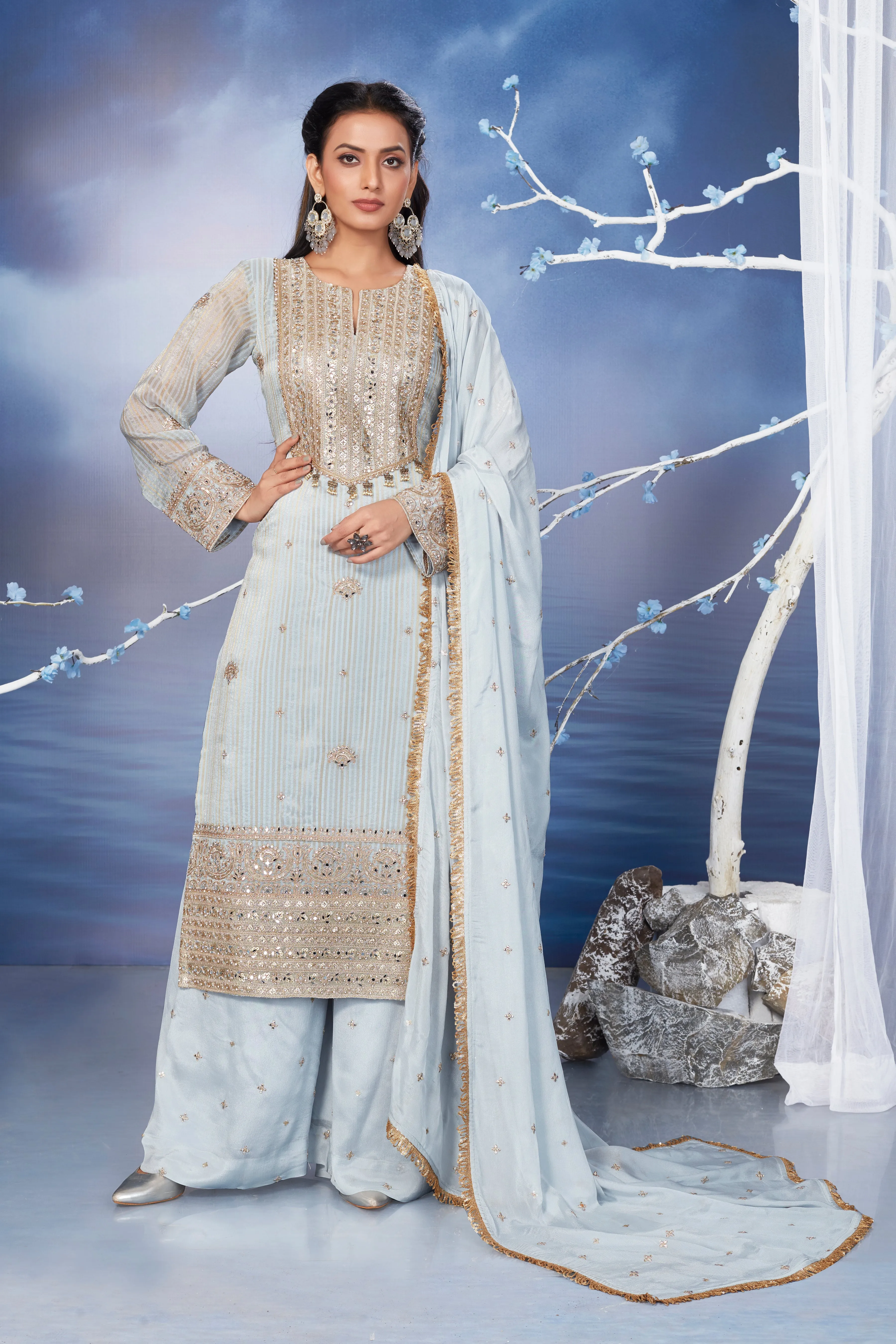 Light Blue Embroidered Georgette Silk Palazzo Set