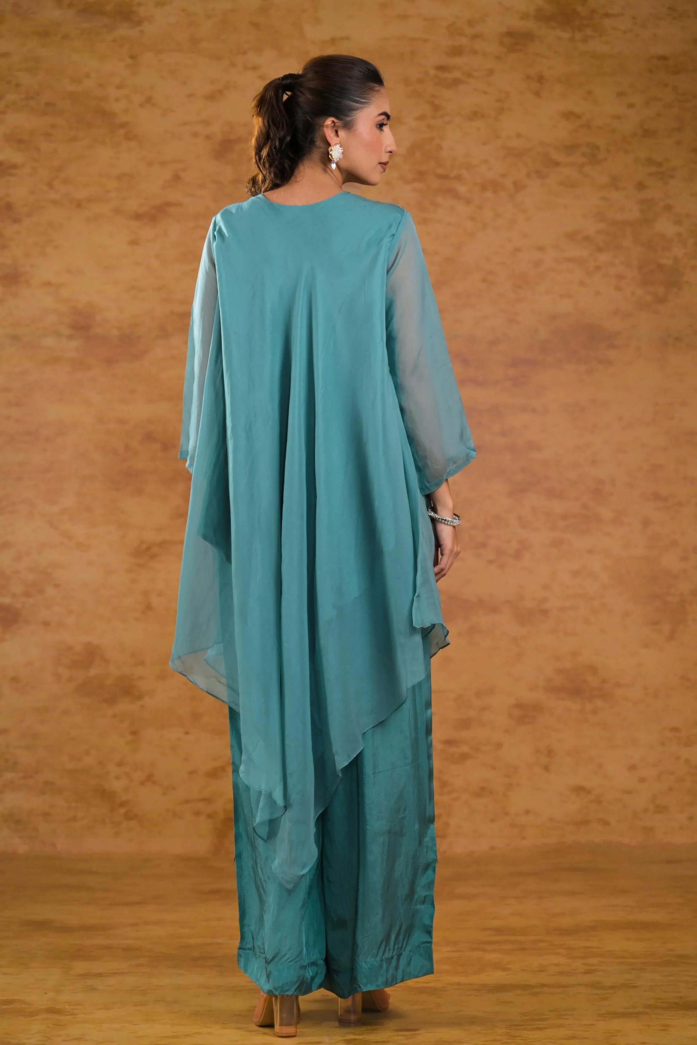 Light Teal Embellished Organza Silk Kurta Set