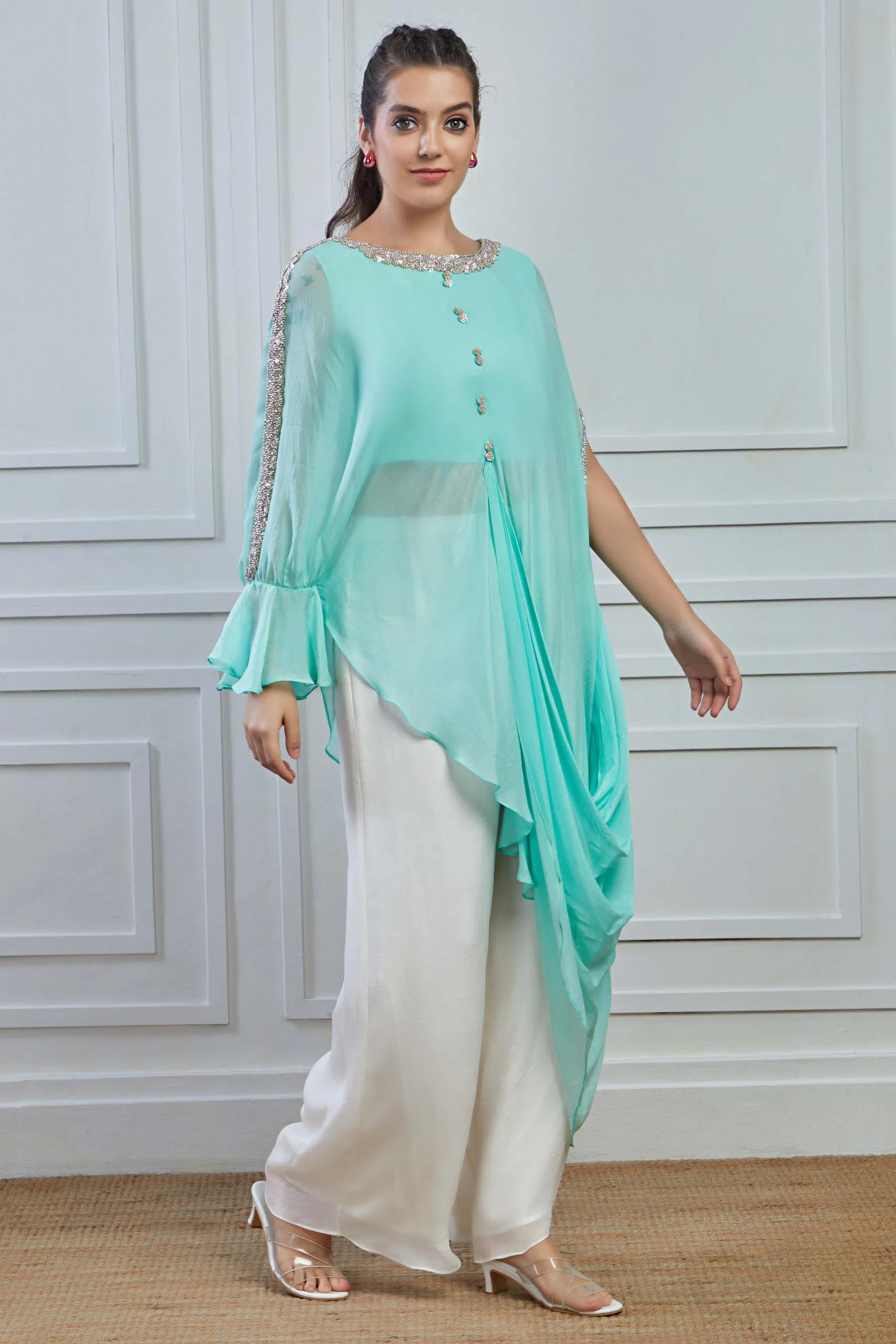 Light Teal Solid Crepe Silk Draped Tunic Palazzo Set