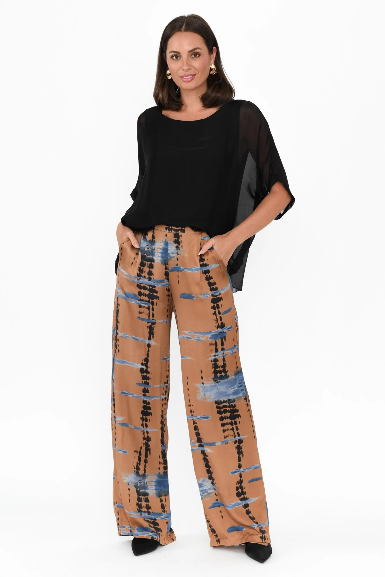 Monay Tan Abstract Silk Blend Pants