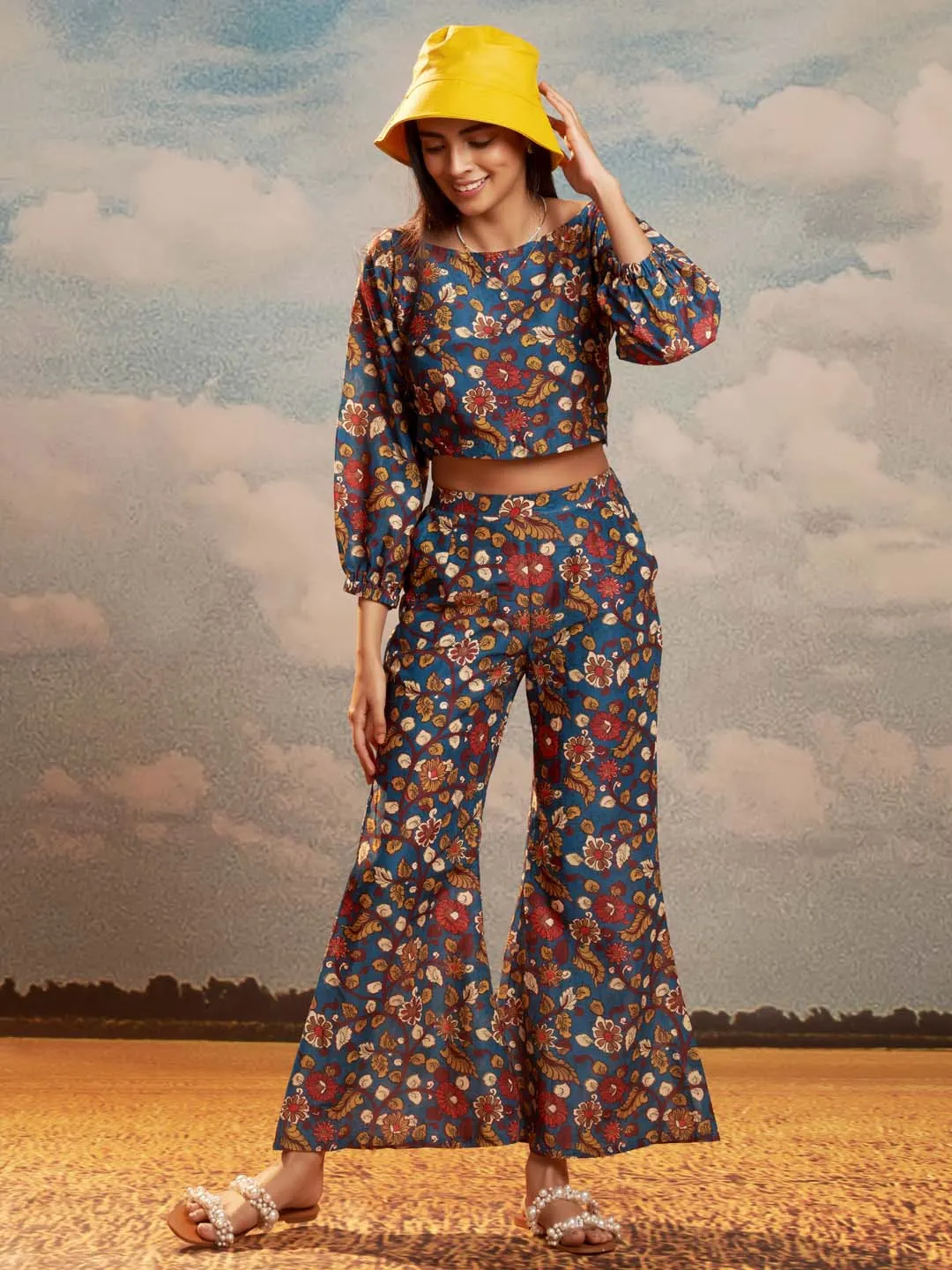 Multicolor Floral Print Muslin Straight Co-Ord Set