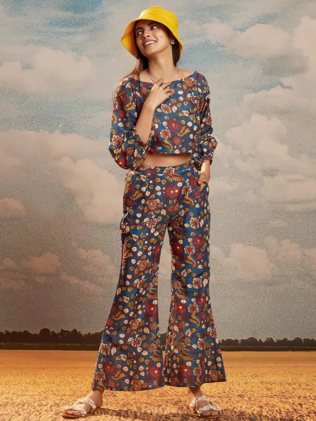 Multicolor Floral Print Muslin Straight Co-Ord Set