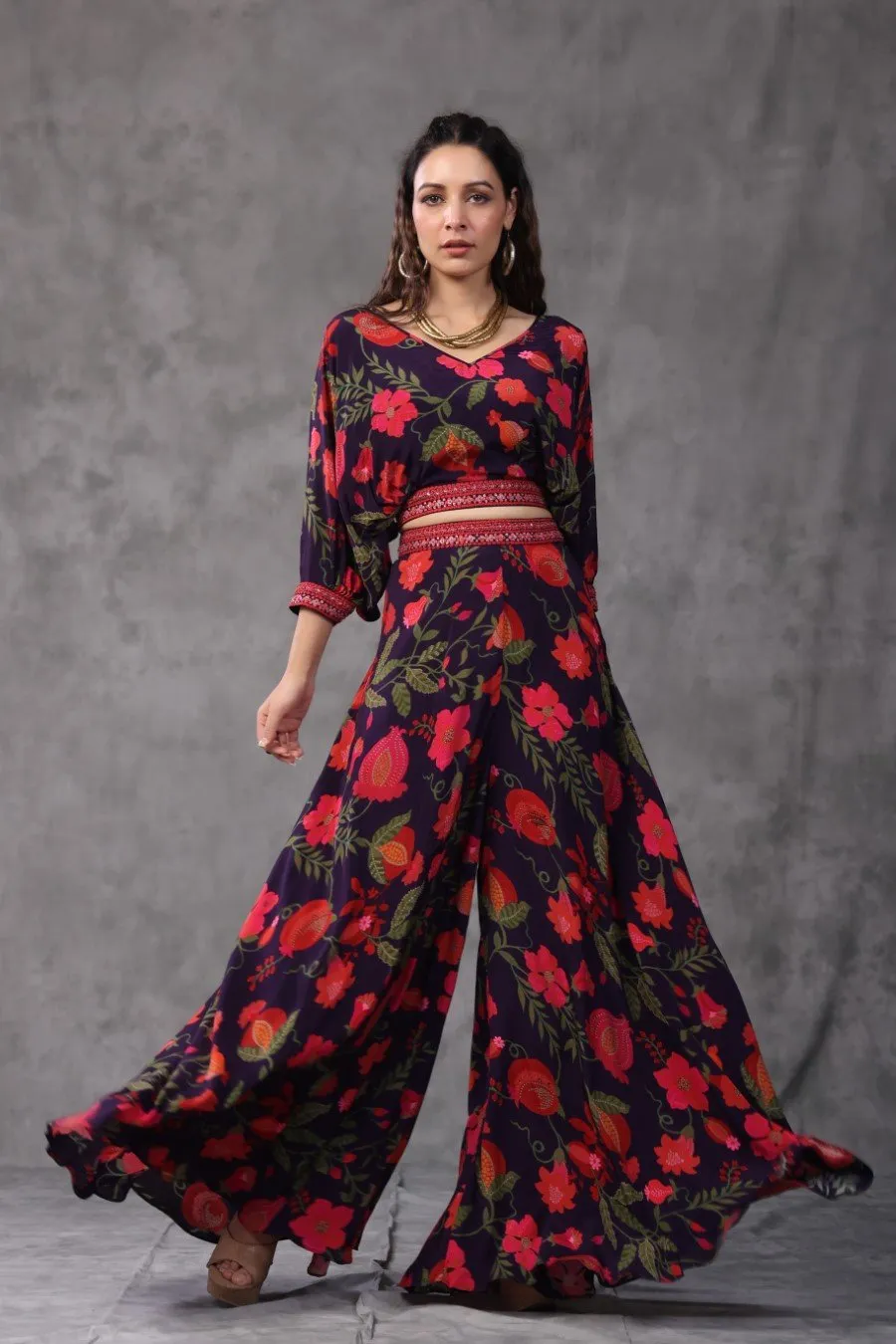 Navy Blue Floral Crop Top with Palazzo Pant