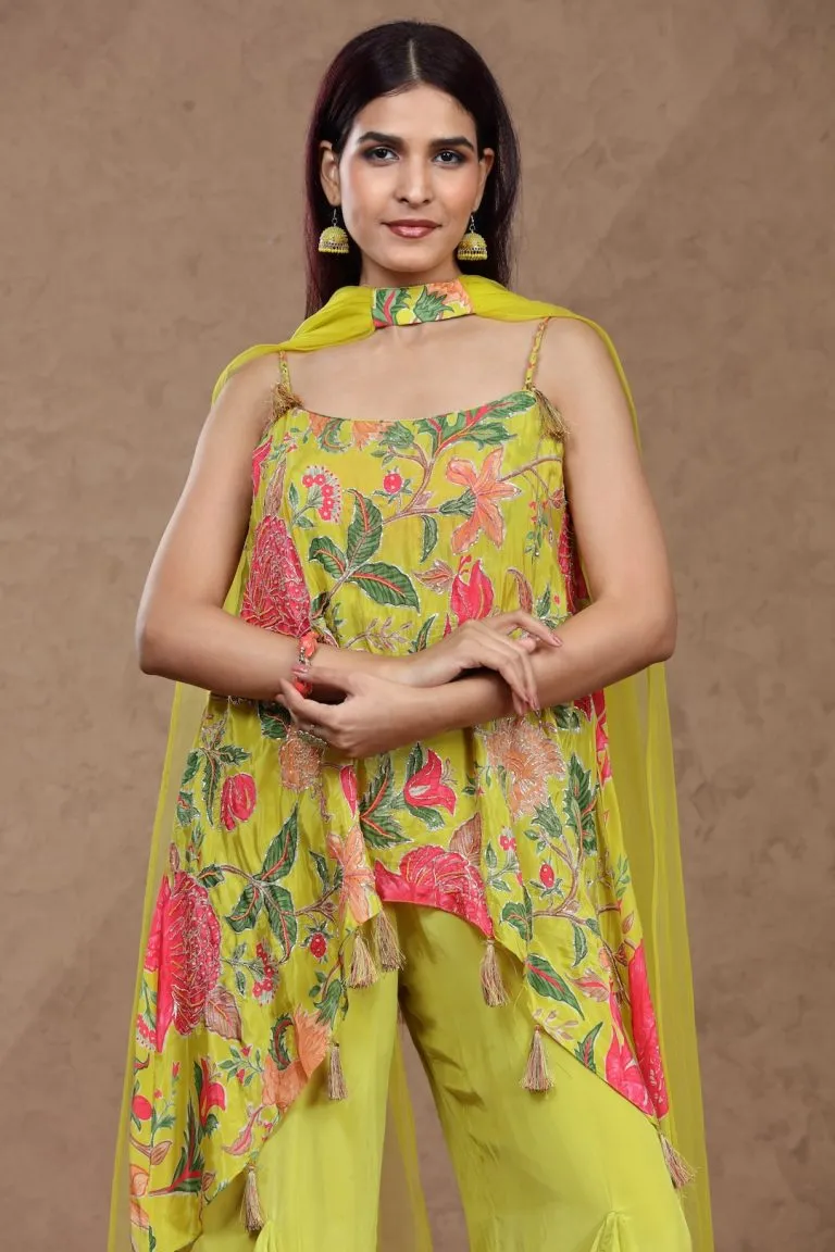 Neon Floral Printed Crepe Silk Palazzo Set