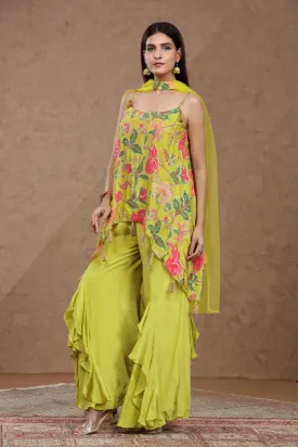 Neon Floral Printed Crepe Silk Palazzo Set