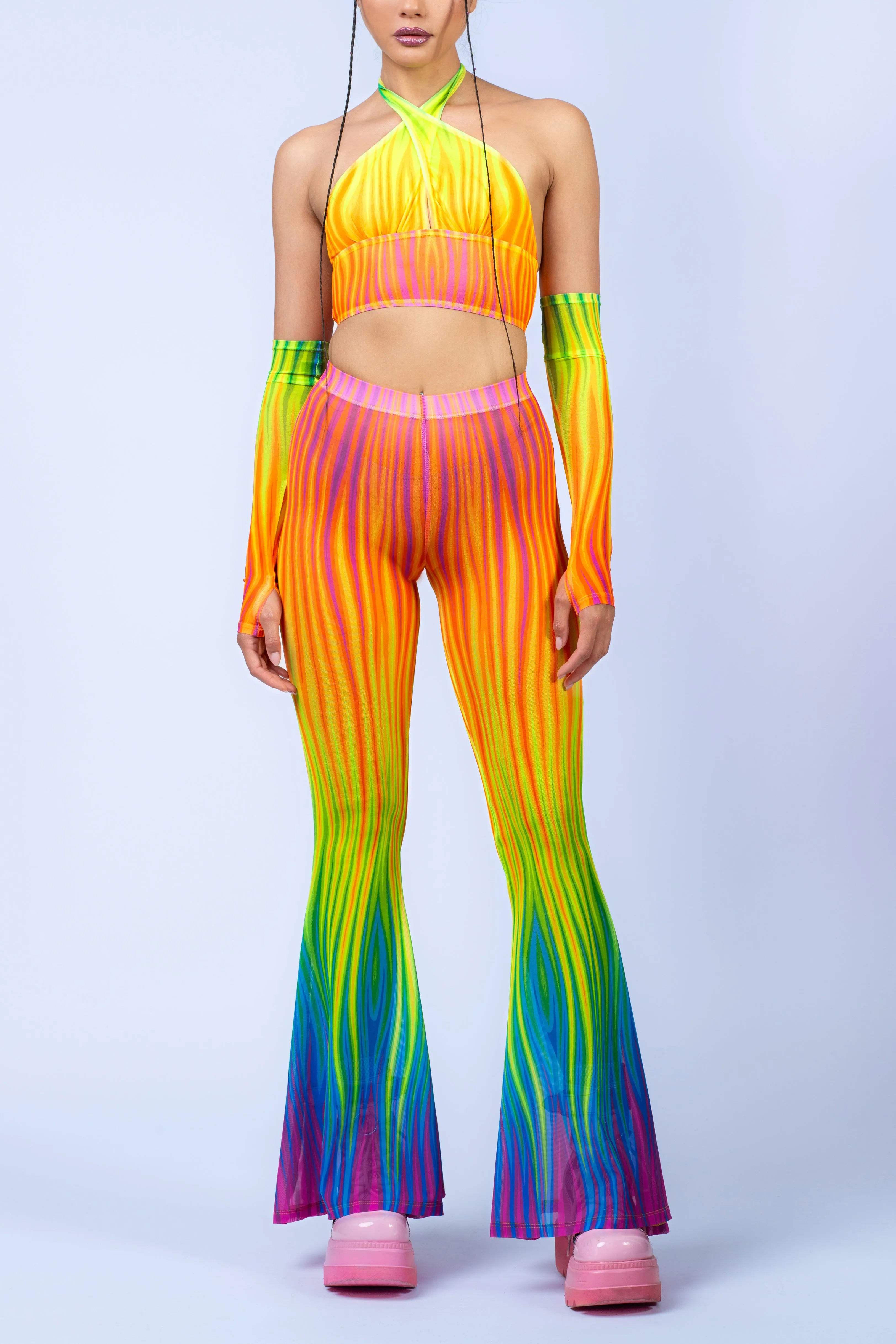 Neon Rainbow Flame Bell Bottom Mesh Pants