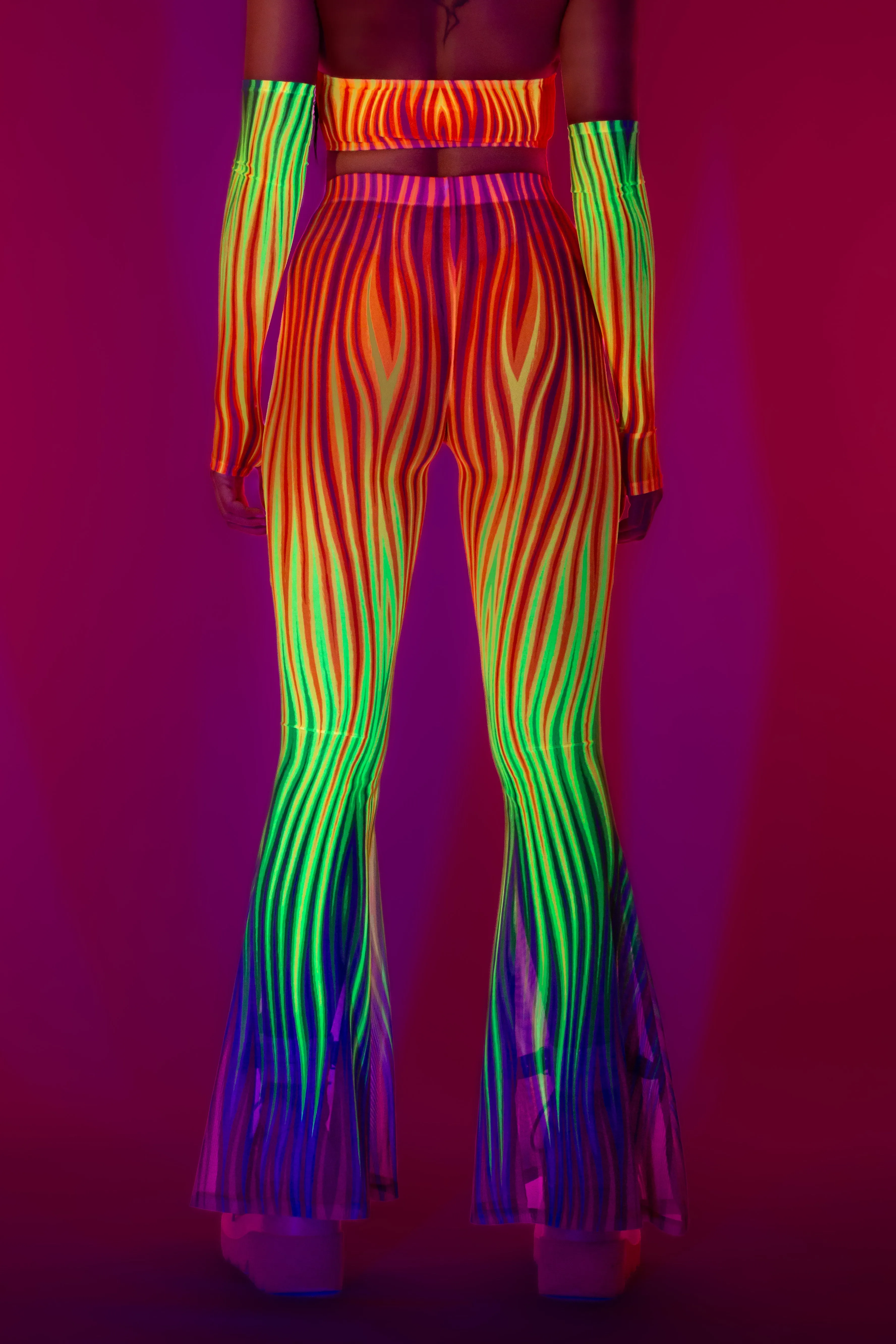 Neon Rainbow Flame Bell Bottom Mesh Pants