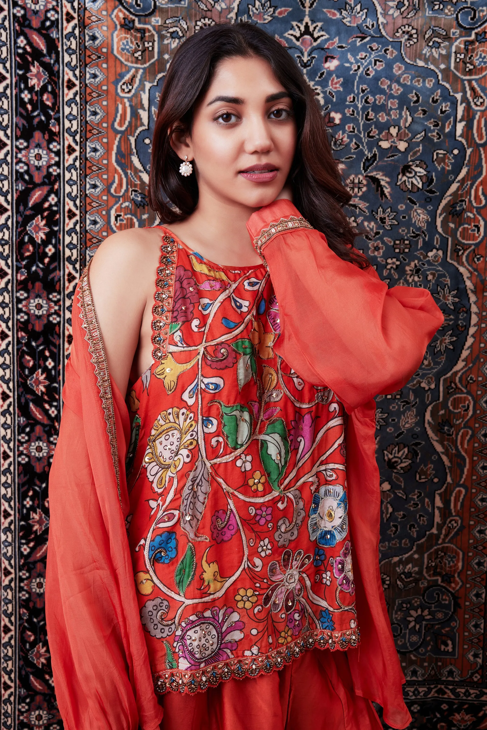 Orange Floral Embroidered Kalamkari Jacket Set