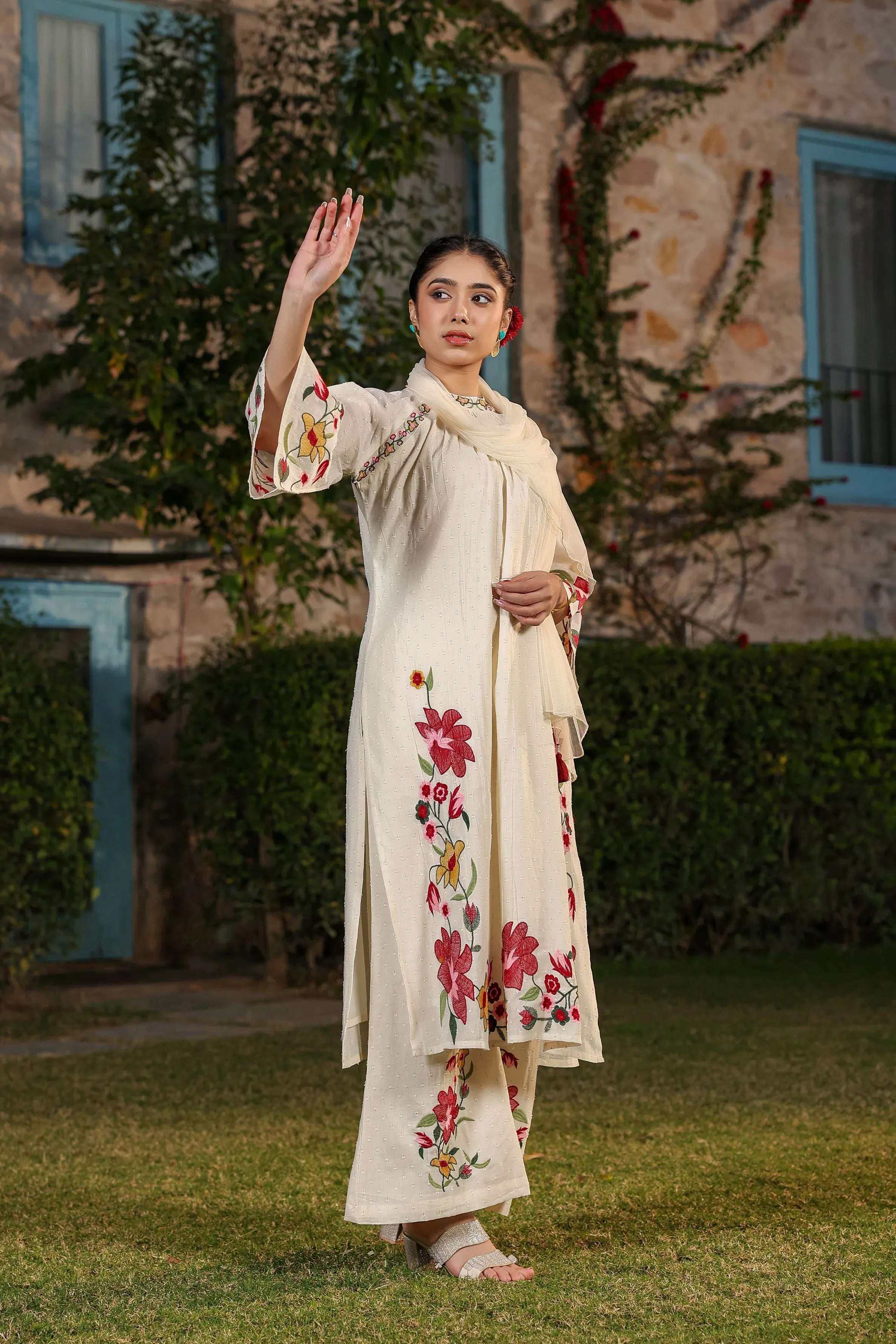 Pastel Cream Embroidered Organic Cotton Palazzo Set