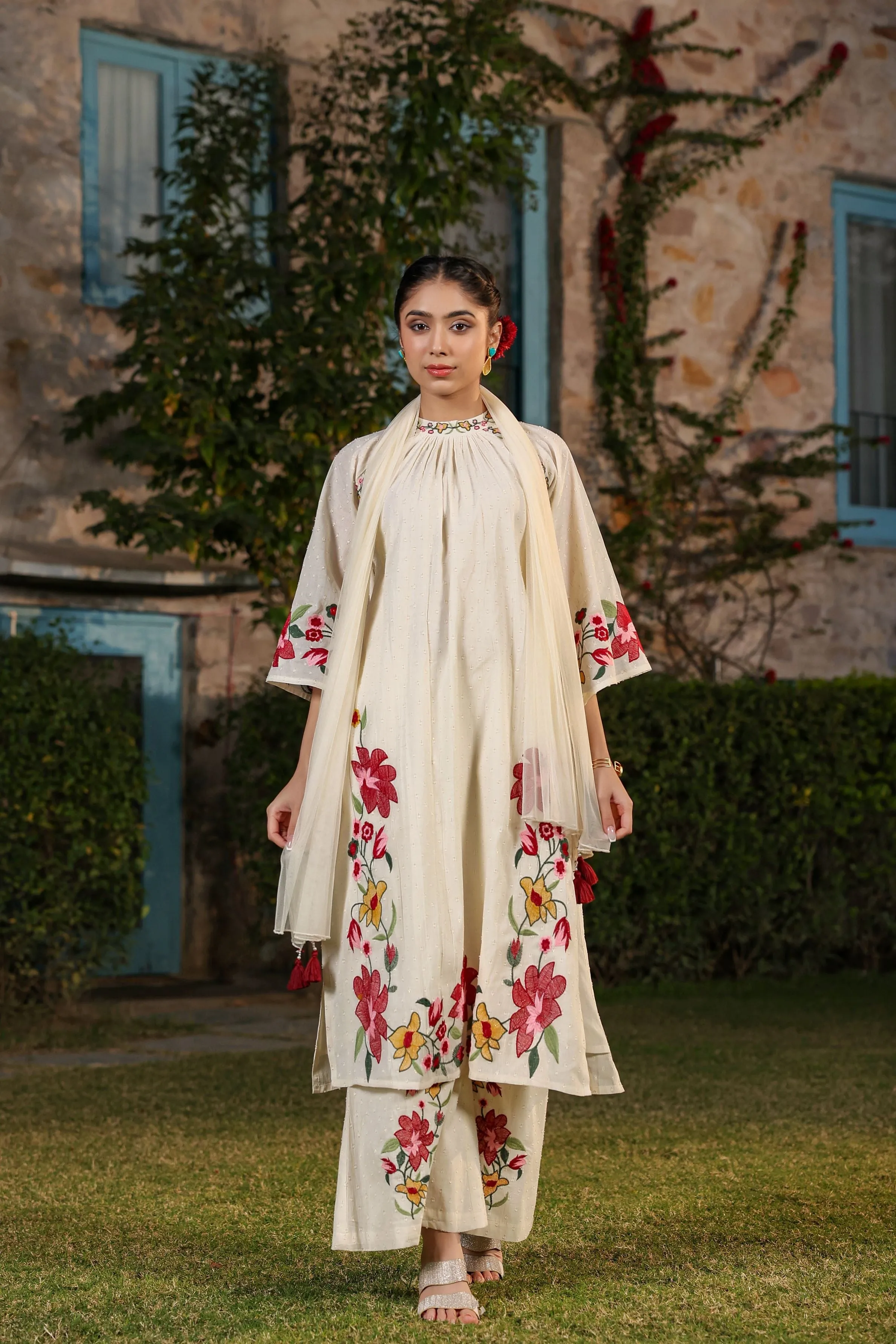 Pastel Cream Embroidered Organic Cotton Palazzo Set