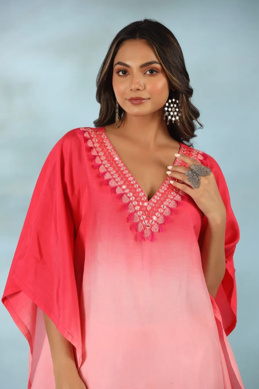 Pink Ombre Mirror Embroidered Kaftan With Pants